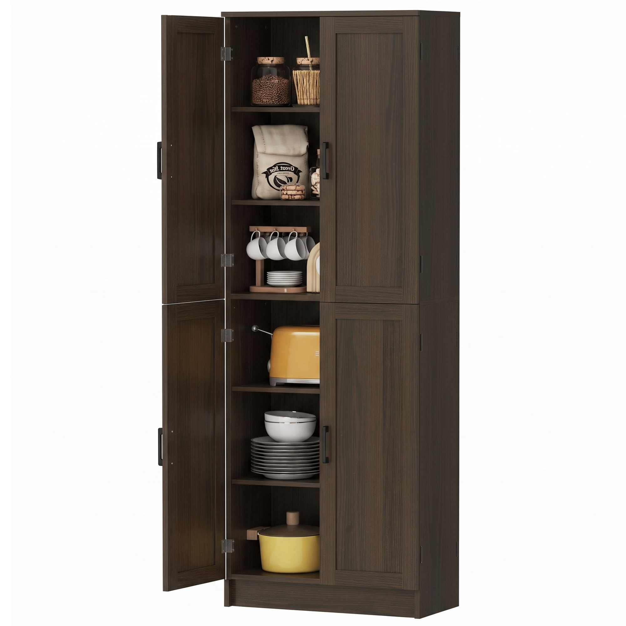 HOMCOM Freestanding Kitchen Pantry, 4-Door Kitchen Pantry Cabinet with Adjustable Shelves and Doors, Dark Brown