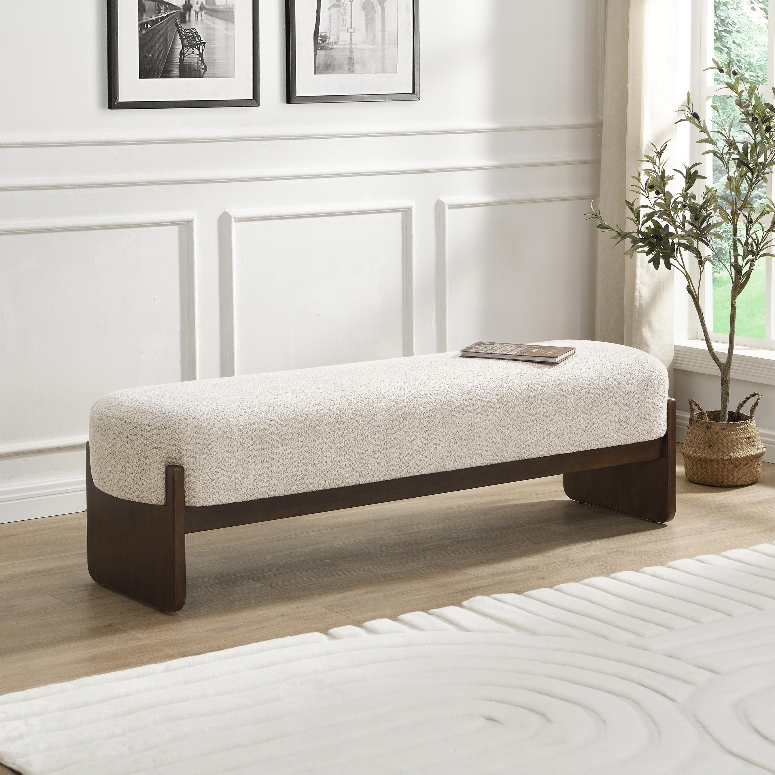 Elegant Ottoman Bench with Dark Rubberwood Legs, Soft Rectangular Footrest for Living Room, 64'' L x 18.5'' W x 18.5'' H, Beige+Brown | Aosom Canada