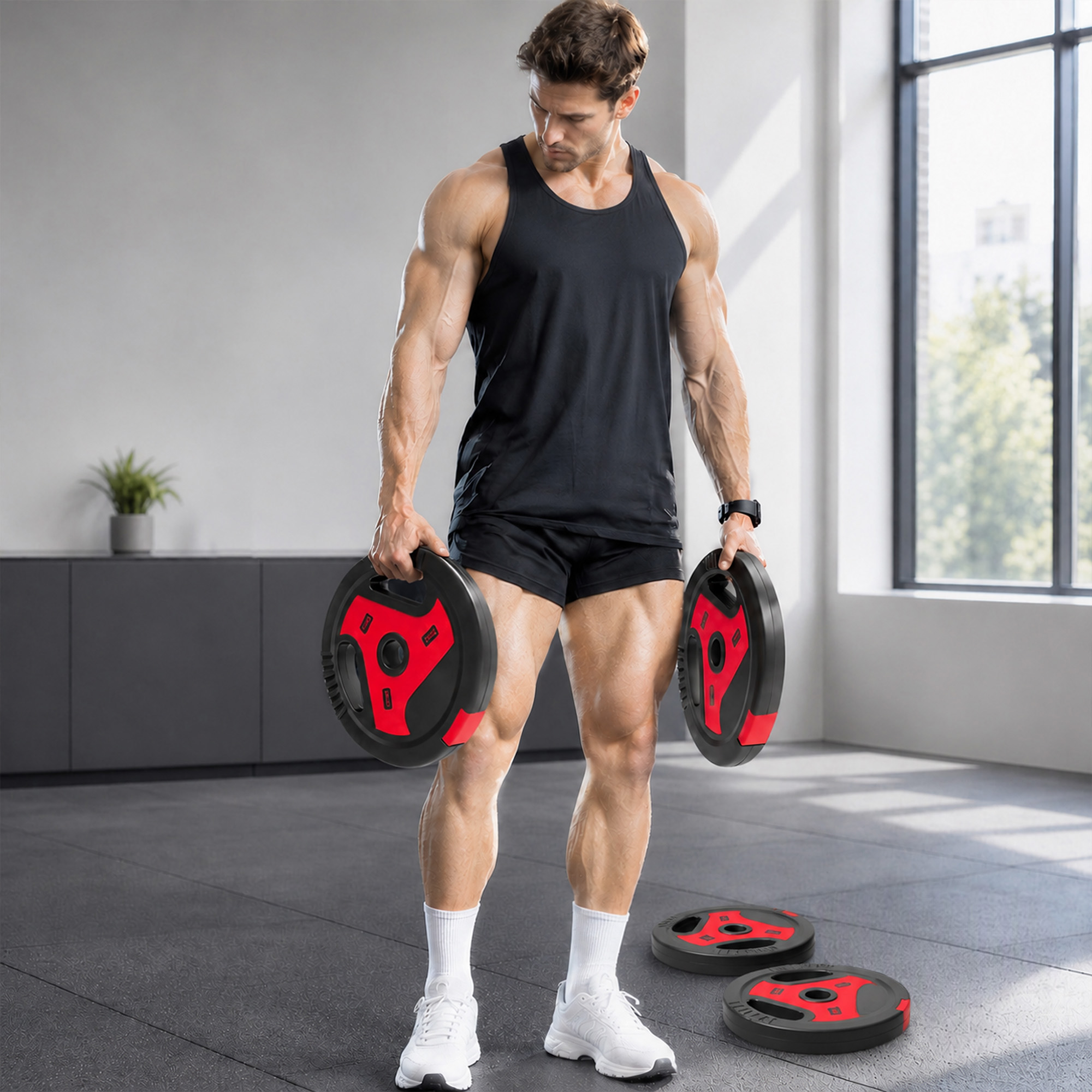 Soozier 66 lbs Weight Plates Set, 4-Piece Sand-Filled Plates with Handles, 1" Hole, Black and Red | Aosom Canada