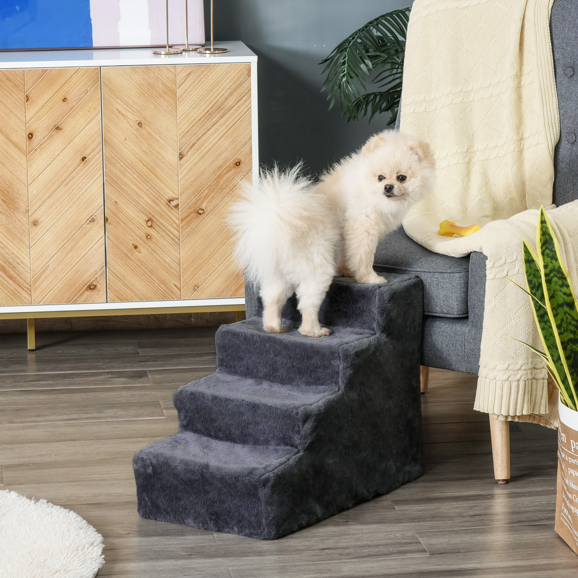 PawHut 4-Step Dog Ramp for Sofa, Bed, and Couch, with Removable Cover, Dark Grey Aosom Canada