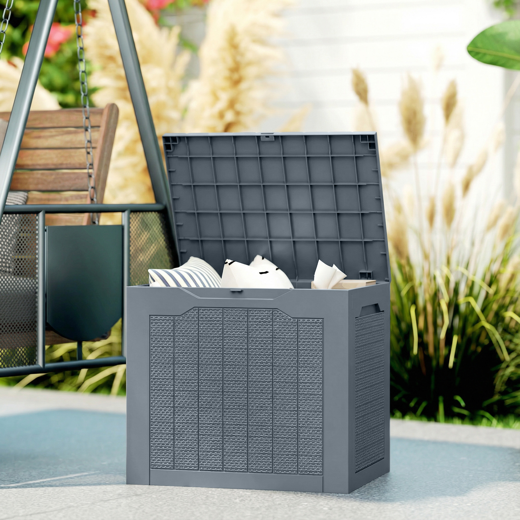 Outsunny 30 Gallon Deck Box, Resin Outdoor Storage Box with Handles, Waterproof and UV Resistant Storage Container, Light Grey Aosom Canada