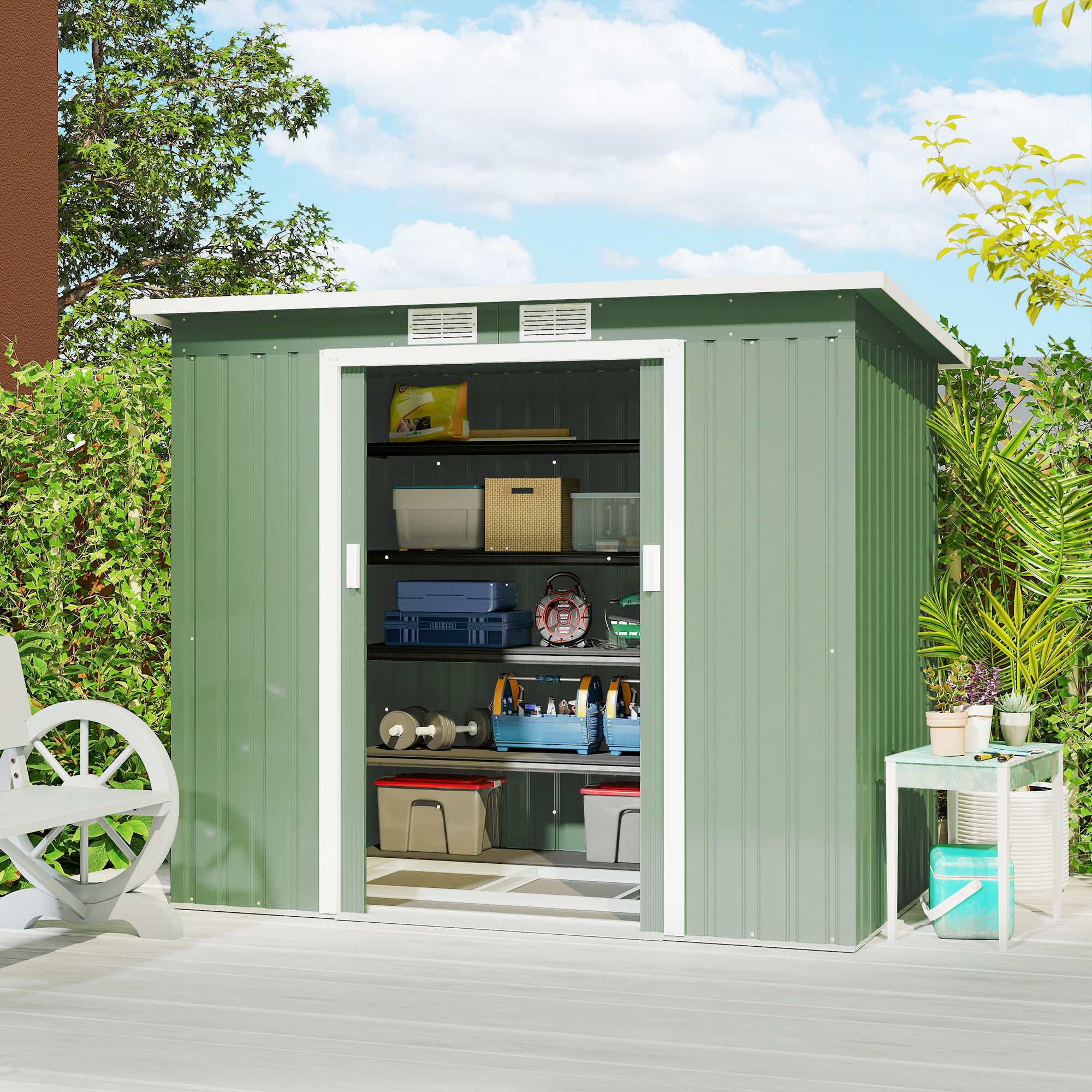 Outsunny 7' x 4' Galvanised Steel Garden Shed, with Foundation Kit - Green Aosom Canada