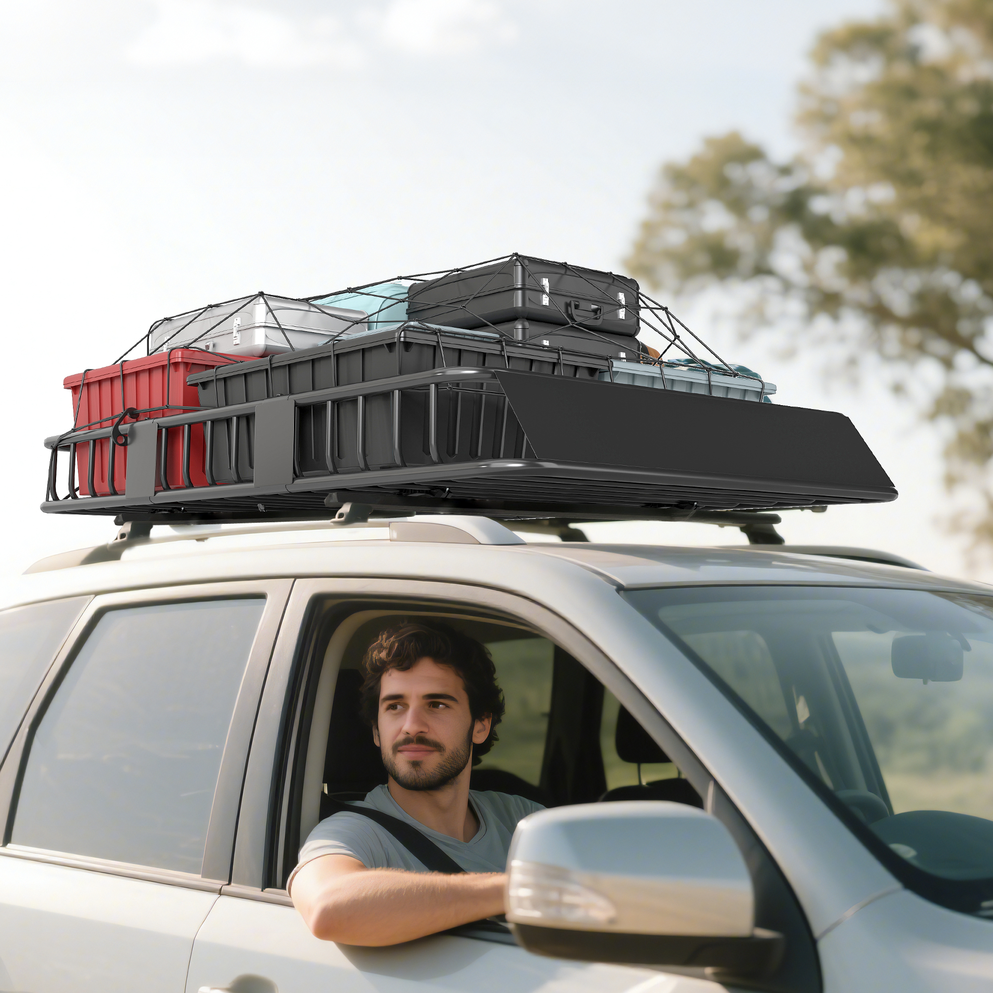 HOMCOM Adjustable 64"/43" x 39" Car Roof Rack Universal Rooftop Cargo Carrier with U-bolts 220 lbs Load Capacity Aosom Canada