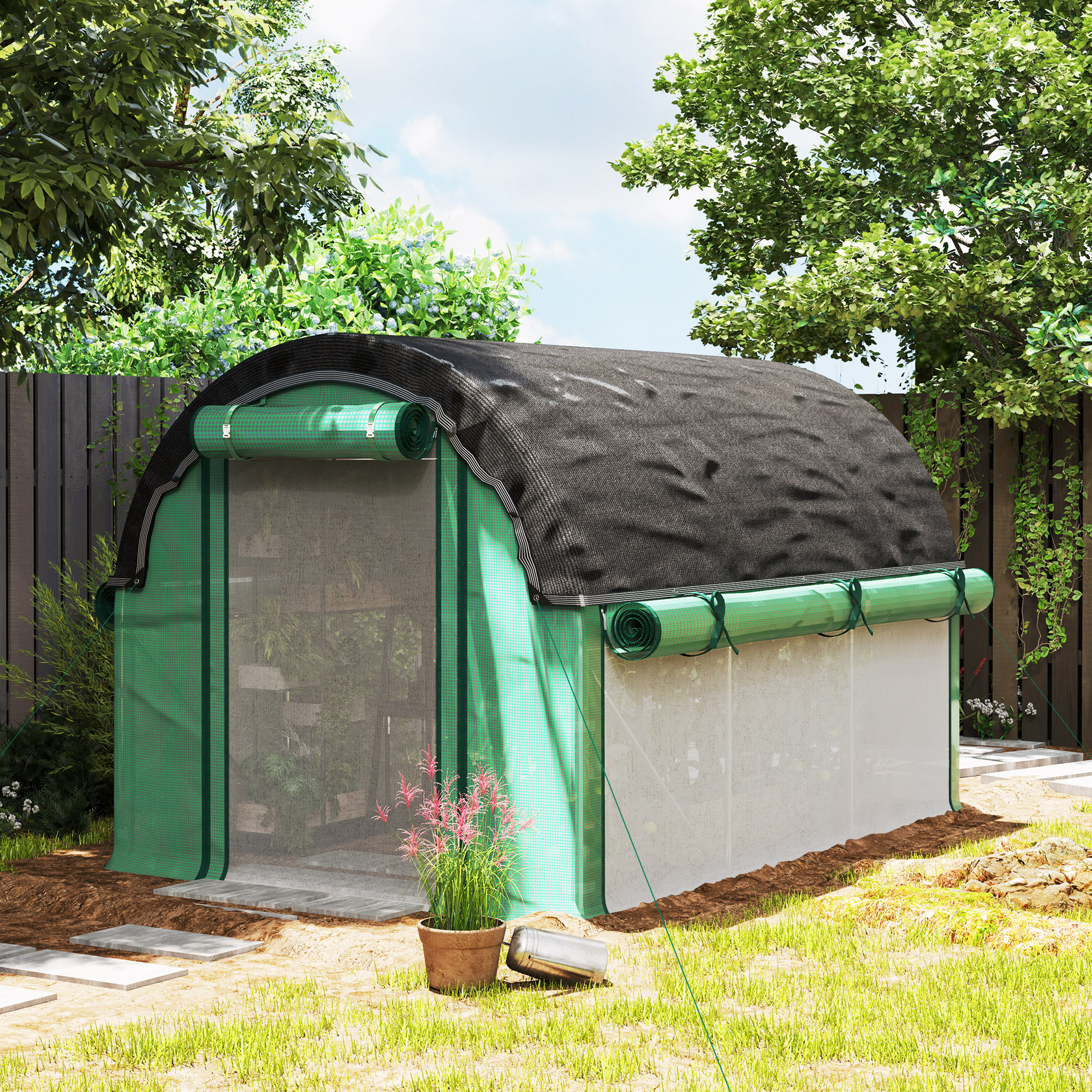Outsunny Walk-in Tunnel Greenhouse, Plant Hot House with Sunshade Net, Roll-up Mesh Sidewalls, 2 Doors, 6.6' x 10' x 6.5' , Green Aosom Canada