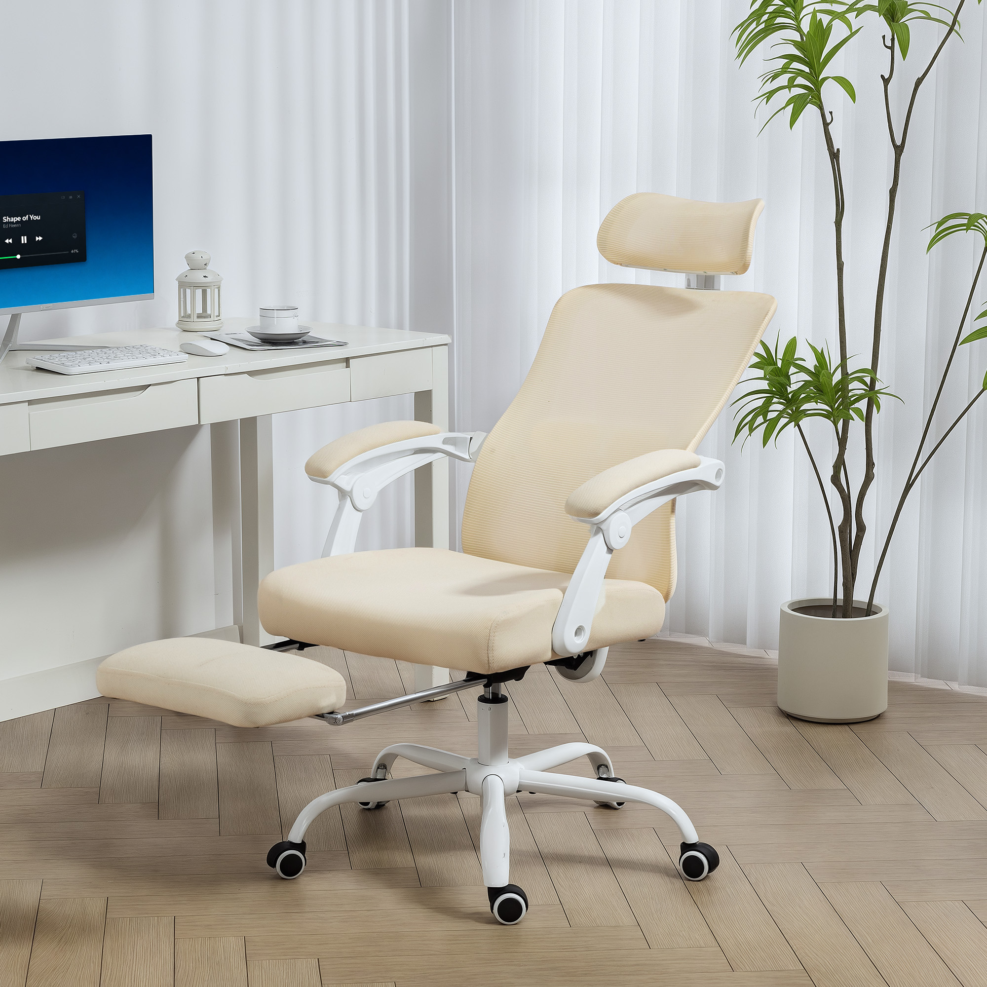 HOMCOM Ergonomic Office Chair, Mesh Reclining Desk Chair with Adjustable Lumbar Support, Headrest, Beige Aosom Canada