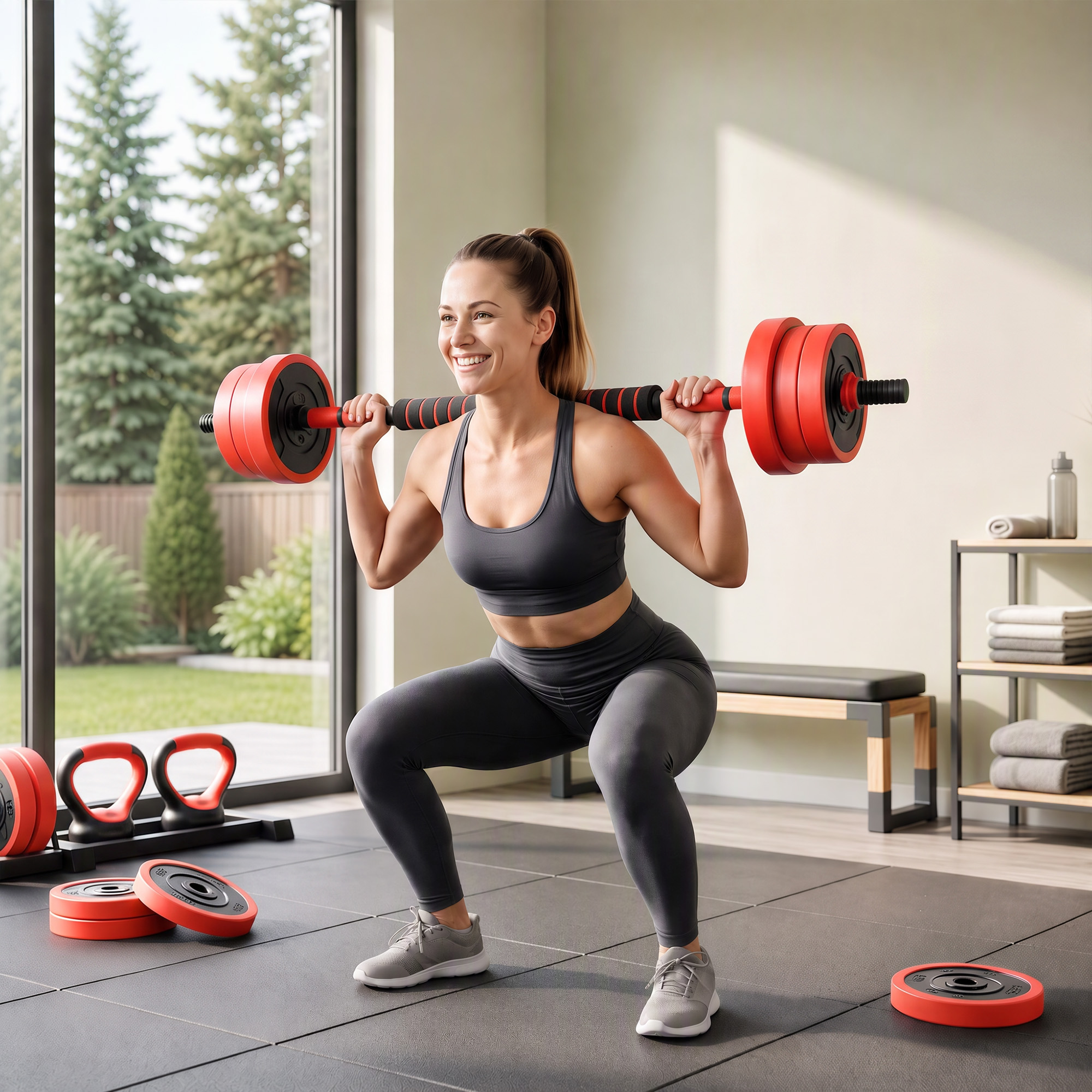 Soozier 44lbs 4-in-1 Adjustable Weight Dumbbell Set, Barbell, Kettlebell, Push Up Stand, Red Aosom Canada