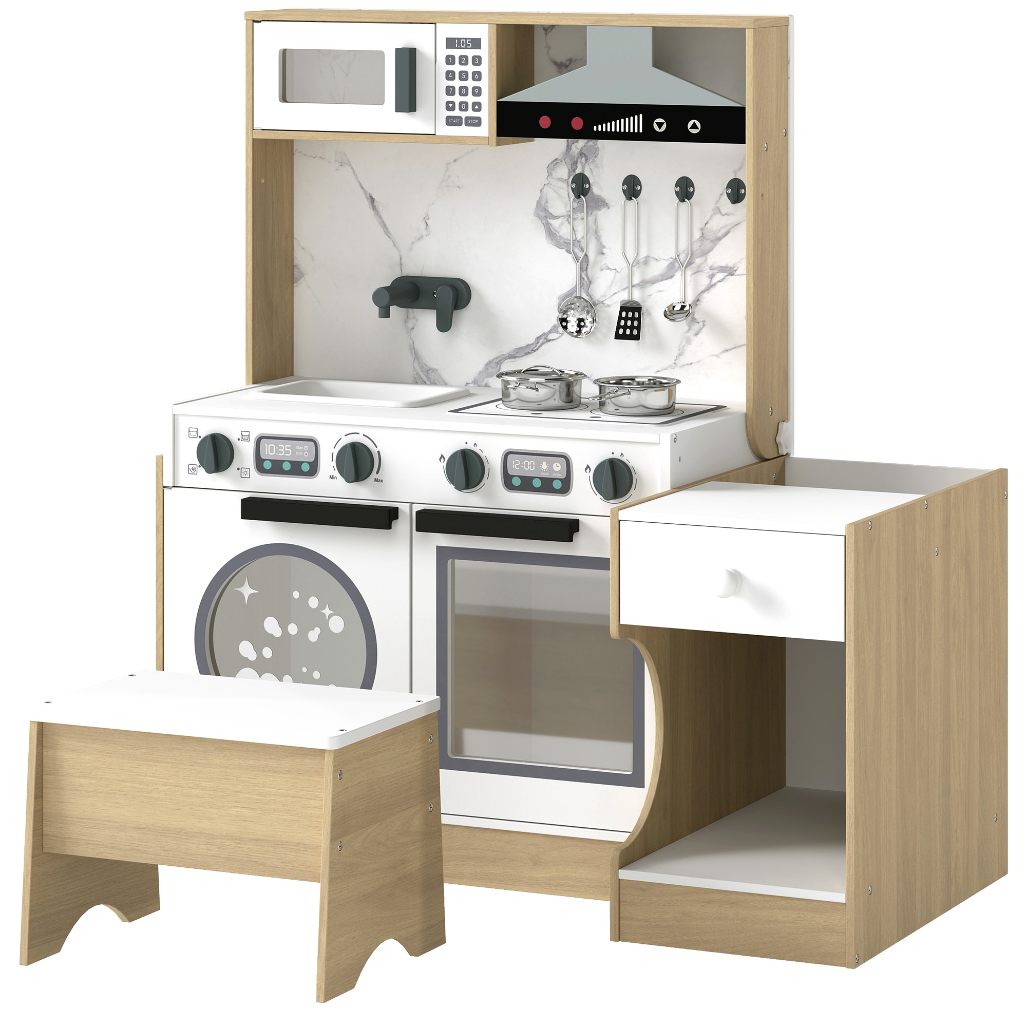 Qaba Play Kitchen Set for Kids, 2-in-1 Convertible Table and Chair Set, Kitchen Playset with Sink, Oven, Accessories for 3-8