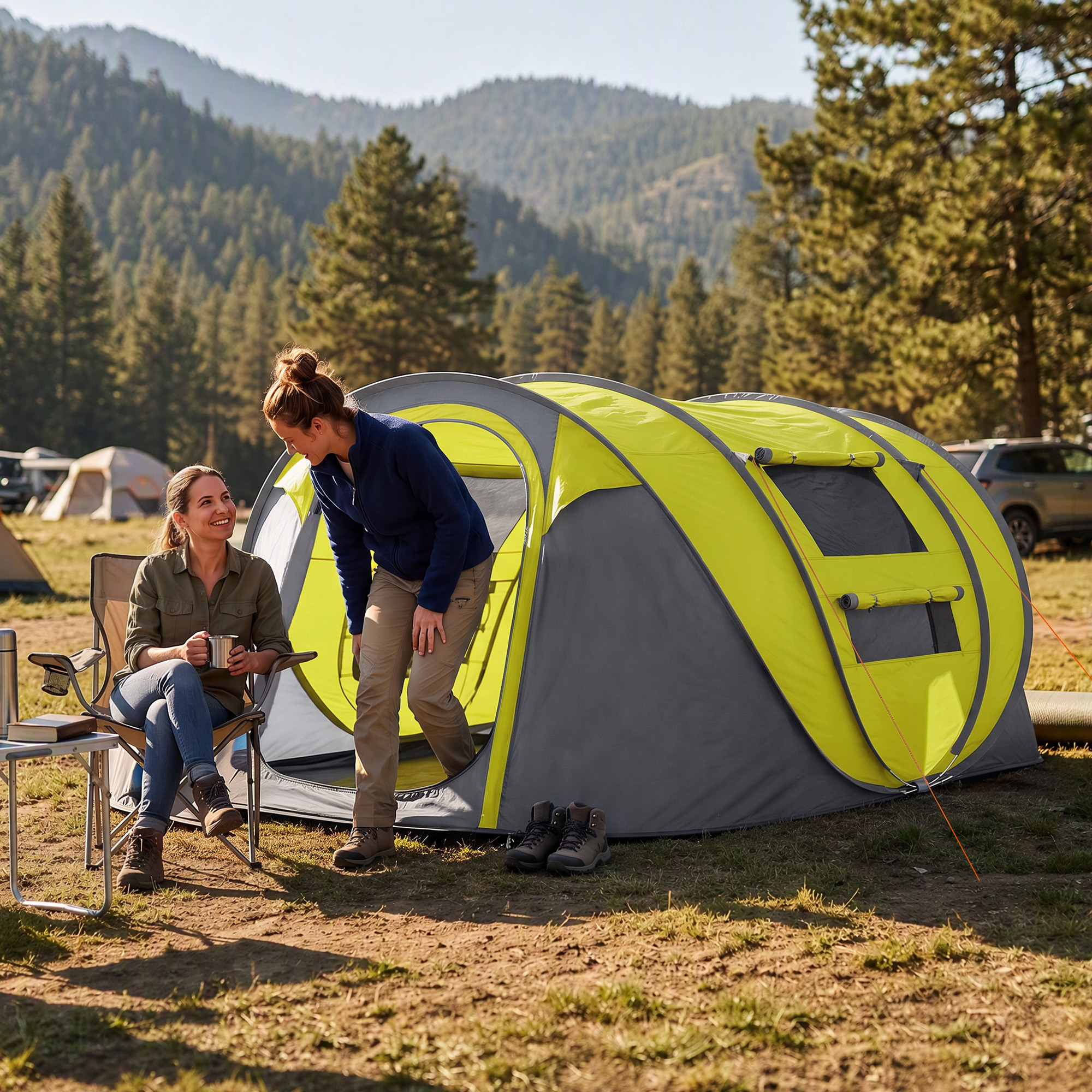 Outsunny 4 Person Camping Tent, Easy Pop Up Tent with Doors, Windows and Carry Bag, Automatic Setup Tent for Hiking, Yellow | Aosom Canada