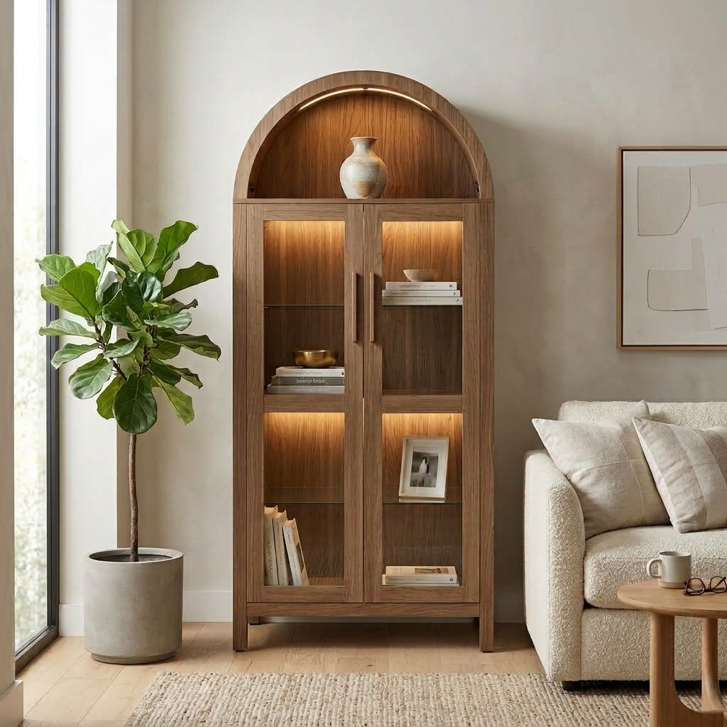 Arched Top Storage Cabinet with LED Light Strip, Adjustable Glass Shelves, Modern Bookcase for Living Room, 30" L x 15.5" W x 67" H, Brown
