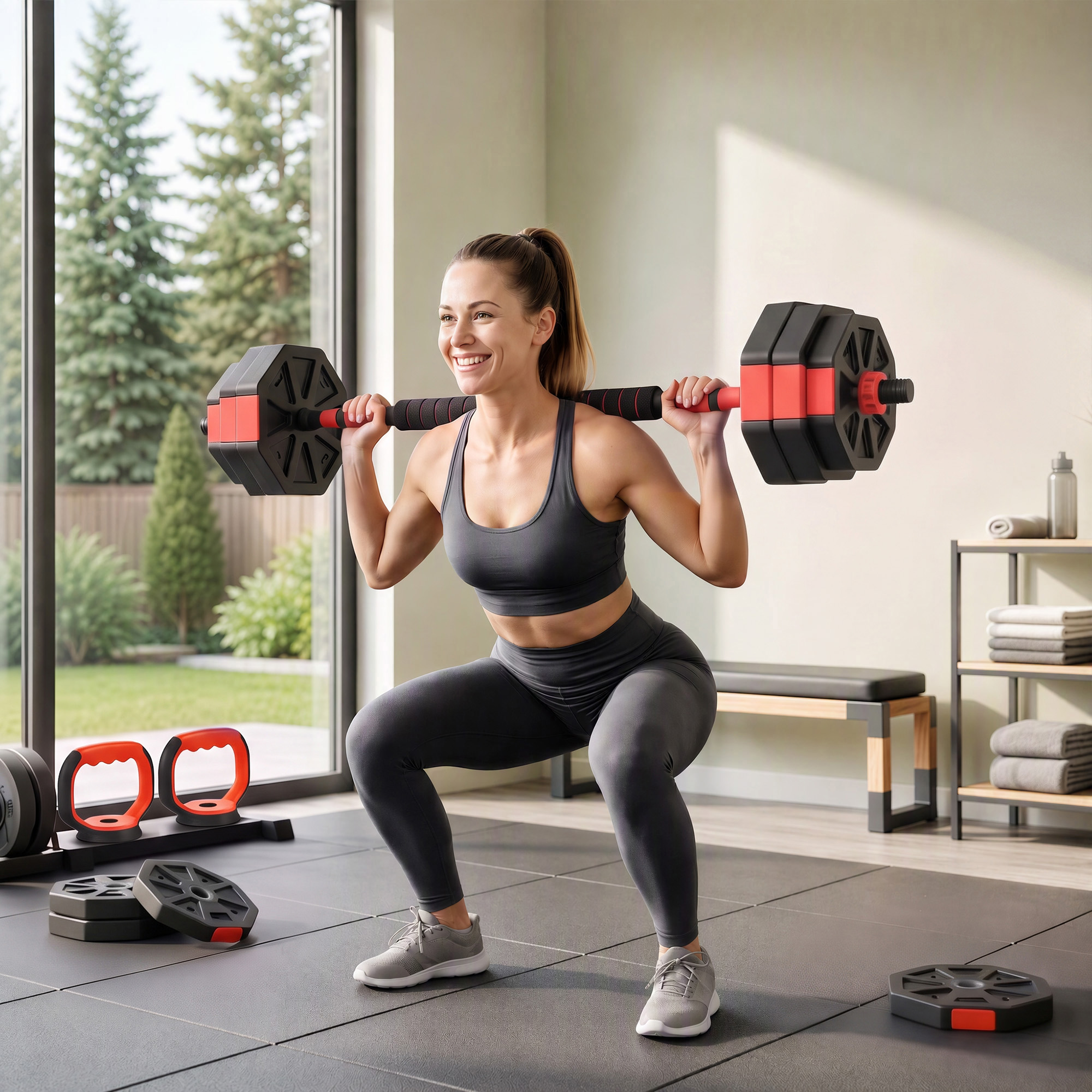Soozier 6-in-1 Adjustable Dumbbell Set, Used as Kettlebell, Barbell, Dumbbell, Push-Up Stand, 55lbs Free Weights Set, Red | Aosom Canada