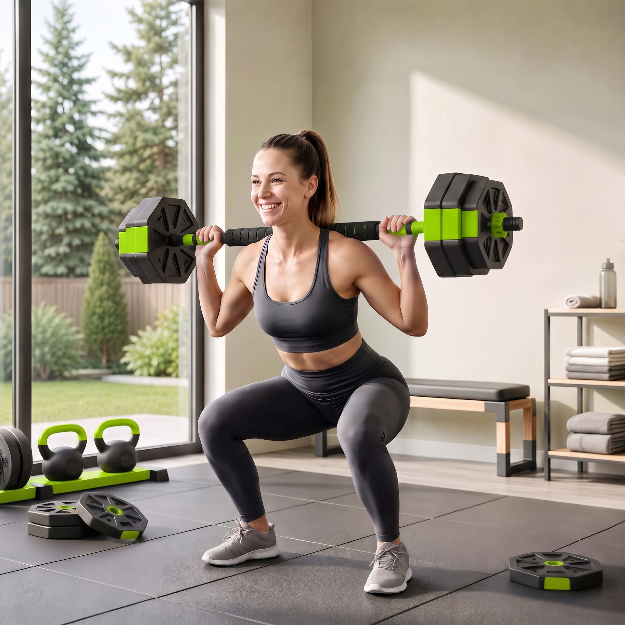 Soozier 4-in-1 Adjustable Dumbbell Set, Used as Kettlebell, Barbell, Dumbbell, Push-Up Stand, 55lbs Free Weights Set, Green | Aosom Canada