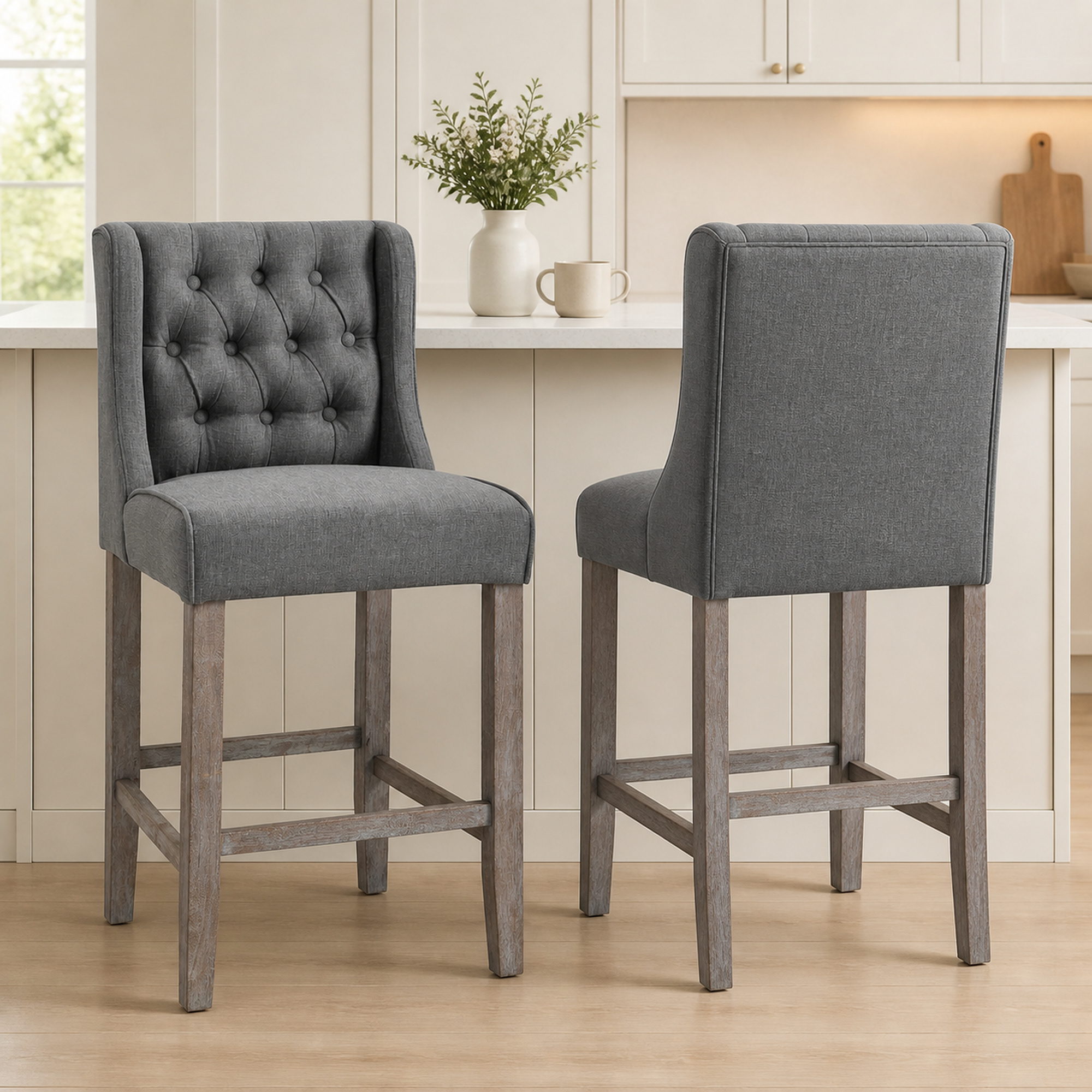 HOMCOM Stylish Bar Seating: Set of 2 Counter Height Stools with Button-Tufted Backrest, Grey Finish for Kitchen Bar Aosom Canada