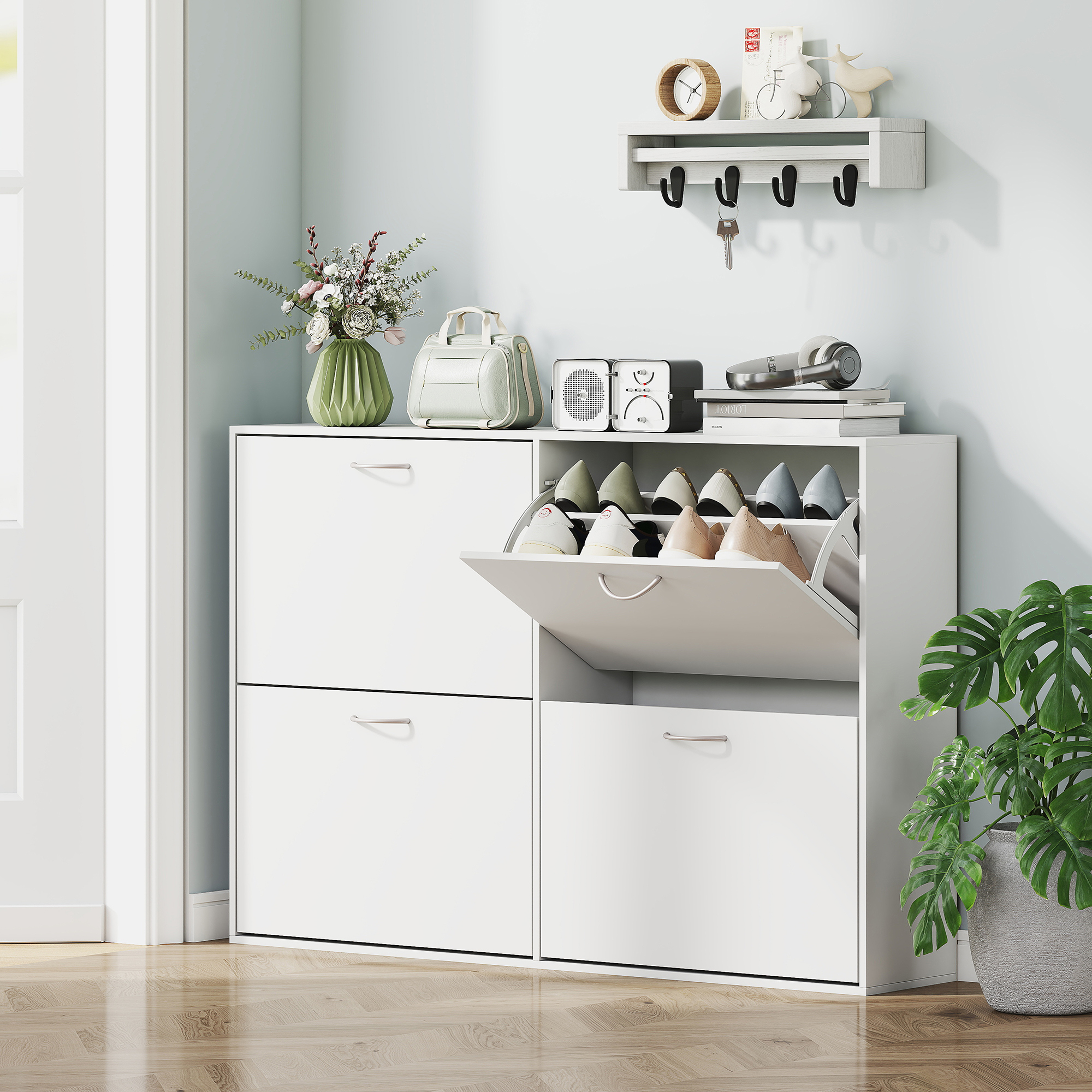 HOMCOM Entryway Shoe Organizer, Modern Wooden Shoe Rack Cabinet with 4 Flip Down Drawers, Ample Storage Space in White Aosom Canada