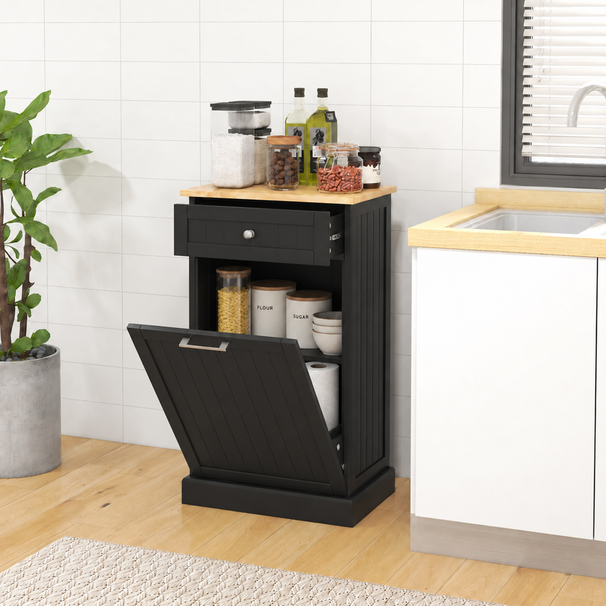 HOMCOM Kitchen Tilt Out Trash Bin Cabinet with Drawer, Farmhouse Trash Cabinet with Flip Top Design, Black
