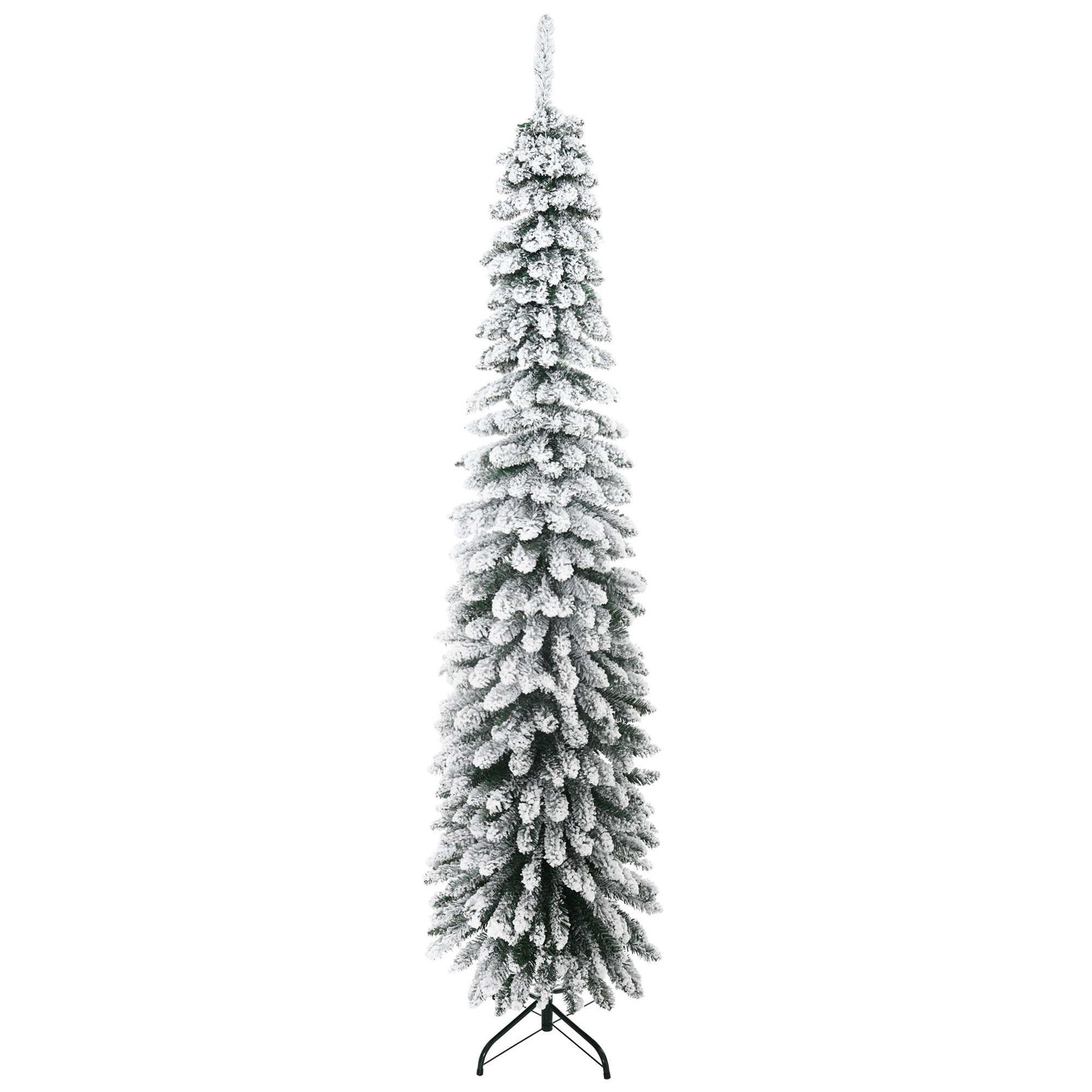 HOMCOM 7' Tall Unlit Slim Pencil Xmas Tree, Snow-Flocked Artificial Christmas Tree with Realistic Branches and 603 Tips, Green