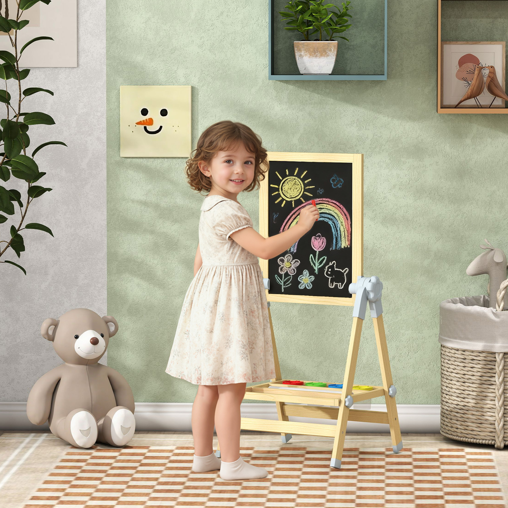 Qaba Wooden Art Easel, Double Sided Kids Easel with Height Adjustable Chalkboard and Magnetic Whiteboard, Natural Aosom Canada