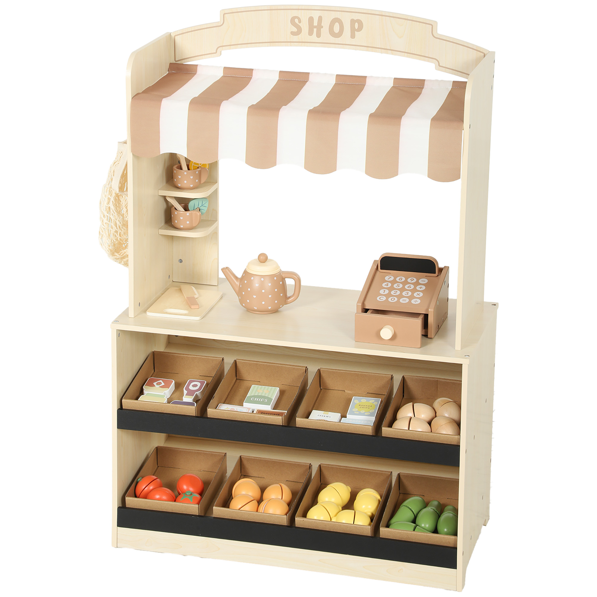 Qaba Wooden Grocery Store Playset Pretend Play with Play Food, Cash Register, Chalkboard, 61 Accessories for Boys & Girls 3-8