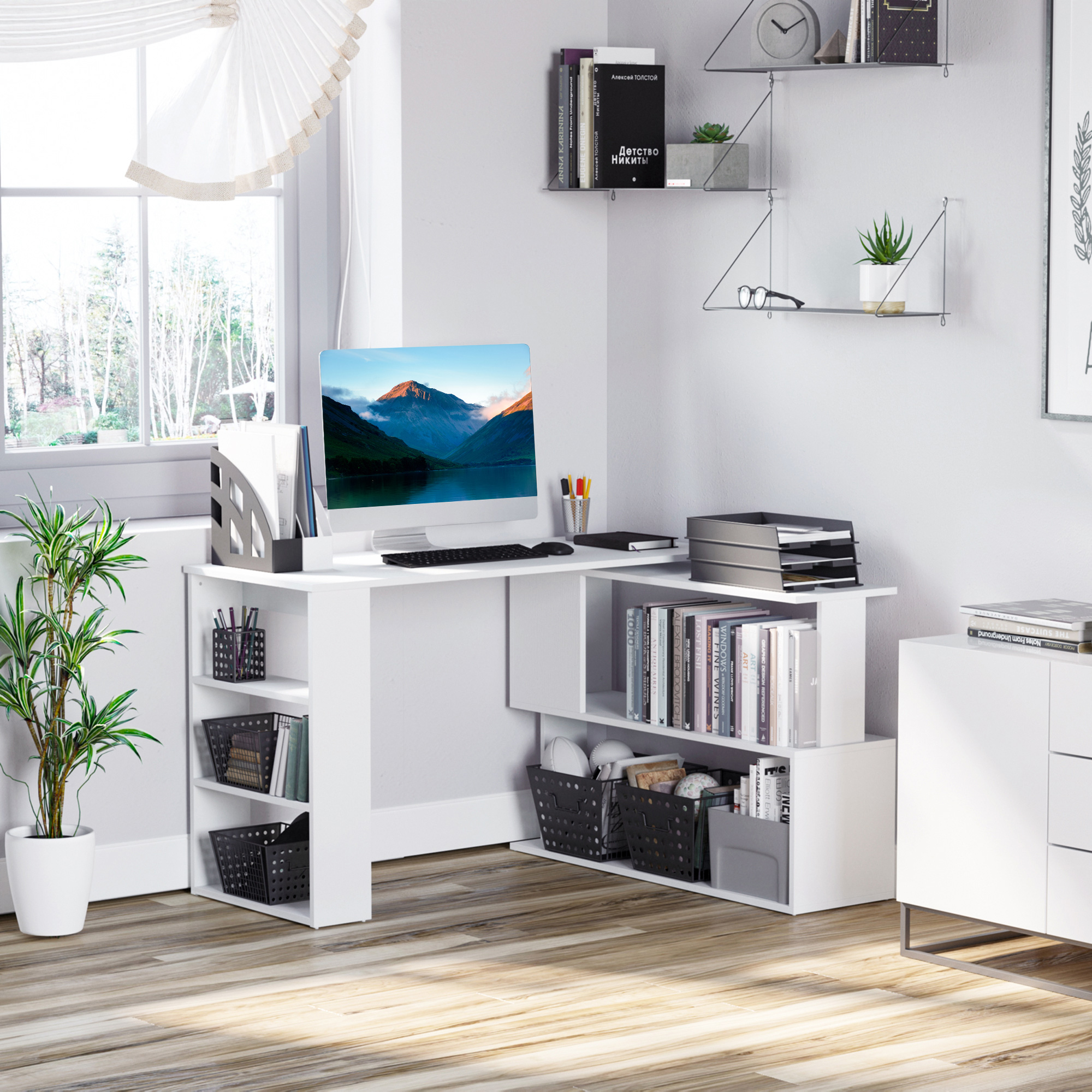 HOMCOM White L-Shaped Desk - 360° Rotating Corner Computer Writing Table with Storage Shelf for Home Office Aosom Canada