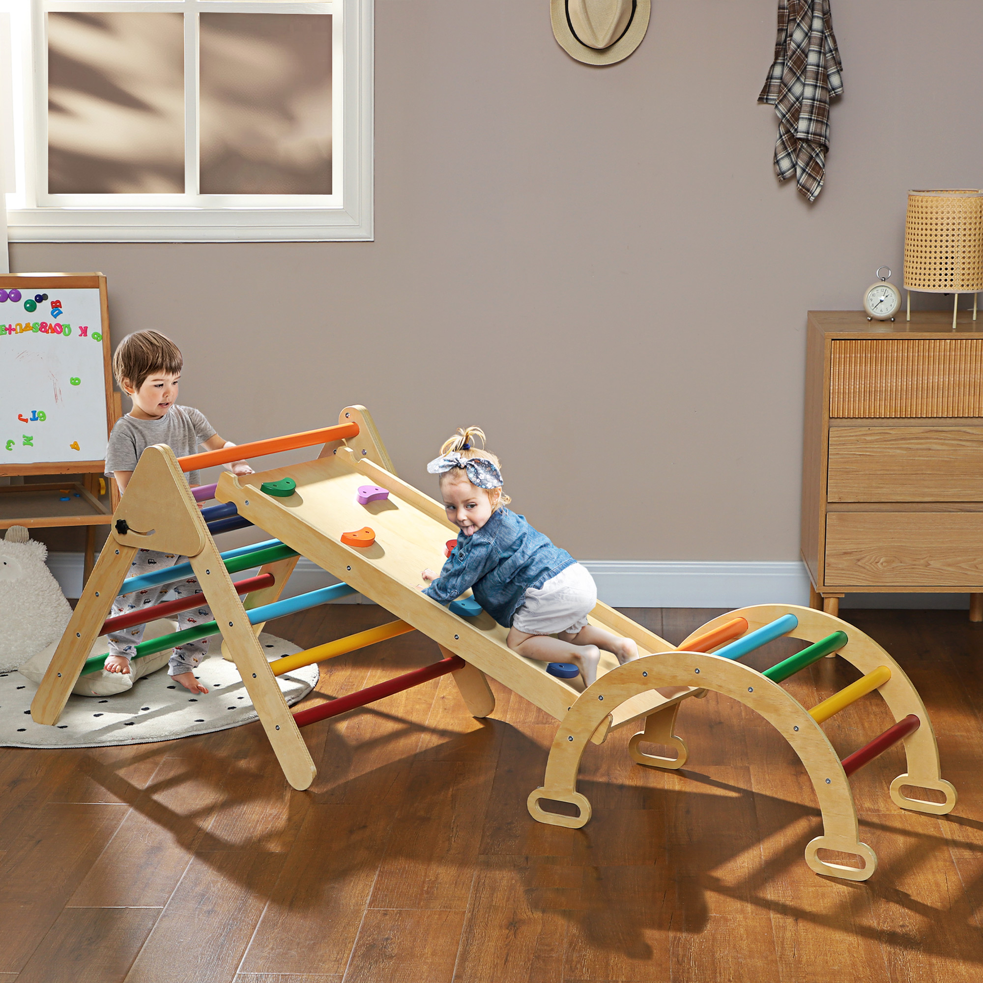 Qaba 5 in 1 Pikler Triangle Set with Ladder, Ramp, Arch, for 18-48 months, Multicolour Aosom Canada