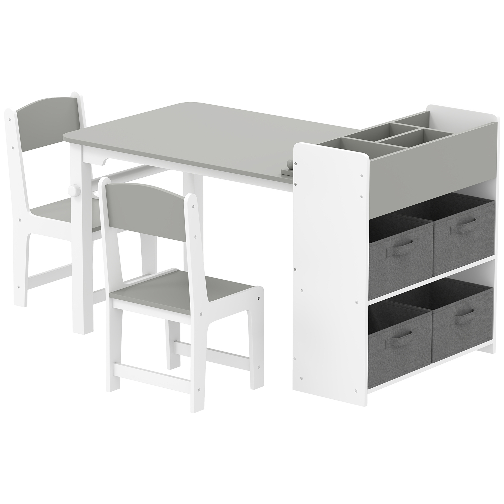 Qaba Kids Desk and Chair Set with Paper Roll, Kids Activity Craft Table with Storage Shelves and Drawers, Gray