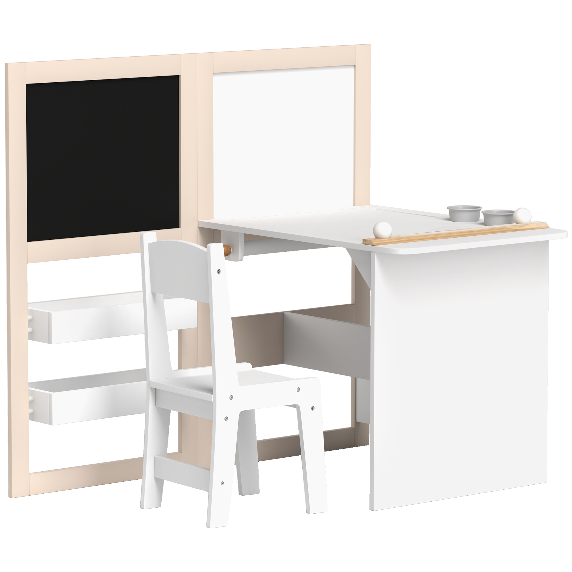 Qaba 3 in 1 Kids Table and Chair Set with Storage, Whiteboard, Blackboard & Roll Paper for 3-8 Years, White