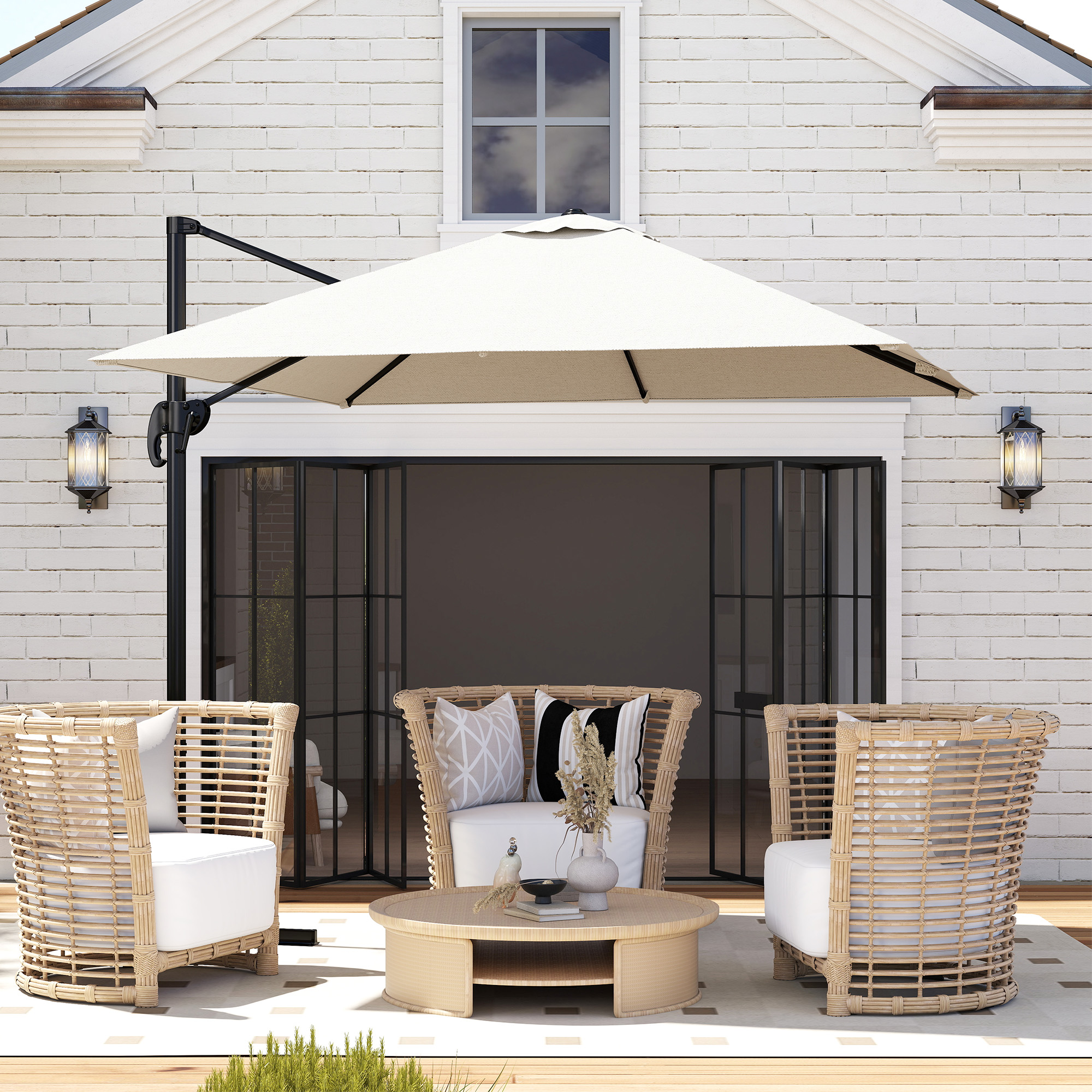 Outsunny Square Patio Hanging Offset Umbrella 8' x 8' Aluminum Cantilever Crank Market Parasol 360° Rotation Cross Base Cream White Aosom Canada