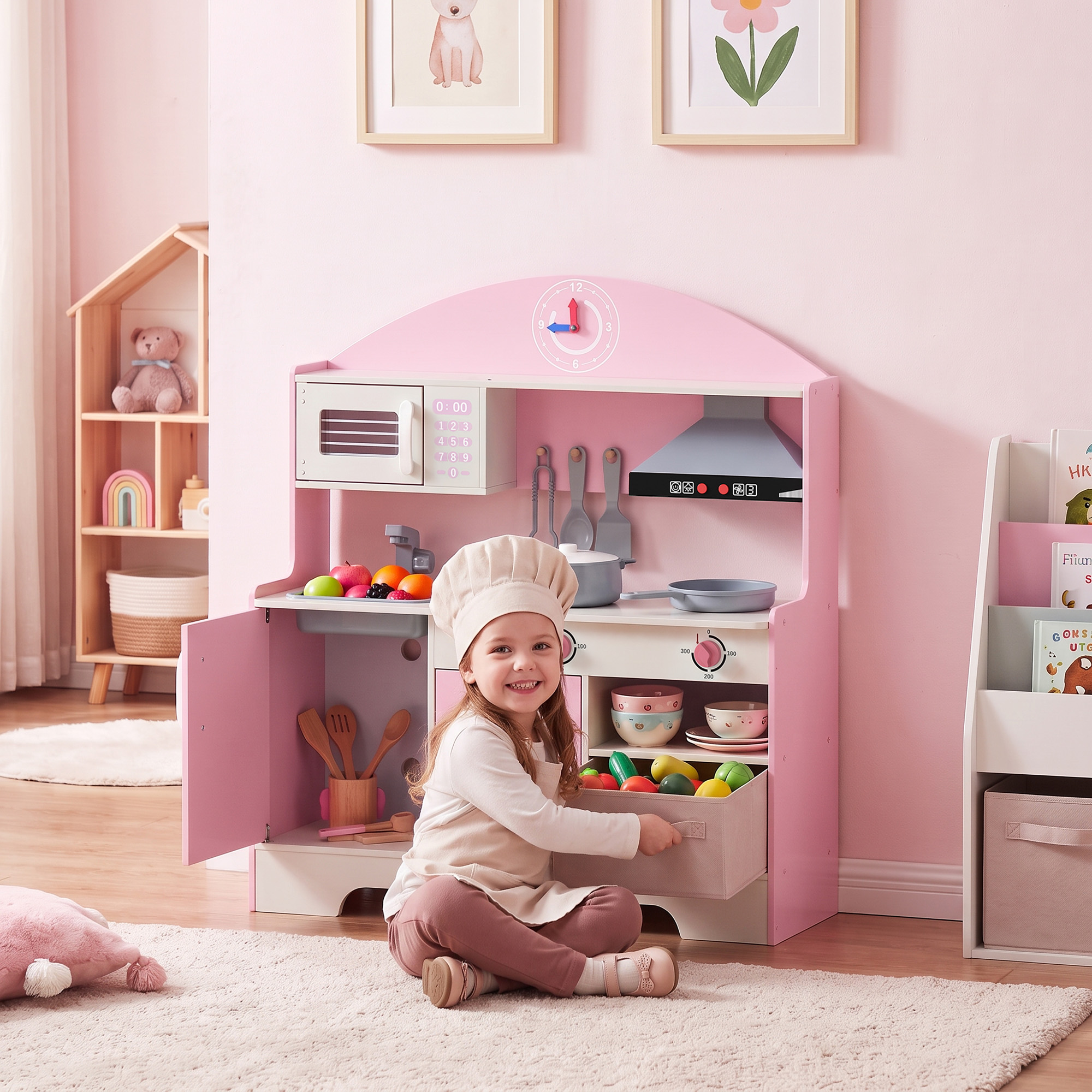 Qaba Wooden Play Kitchen Set for Kids with Real Lights & Sounds, 5PCs Accessories, Gift for Boys & Girls, Ages 3-6, Pink Aosom Canada