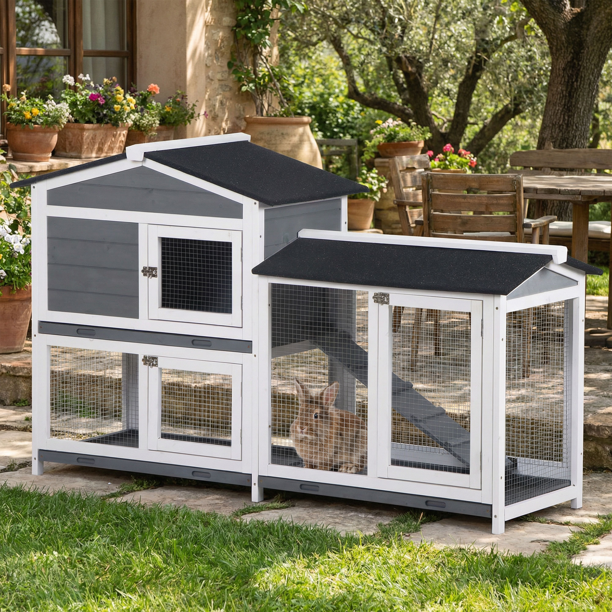 PawHut Spacious 2-Tier Wooden Rabbit Hutch with Ramp Outdoor Run Grey Durable Pet Shelter Aosom Canada