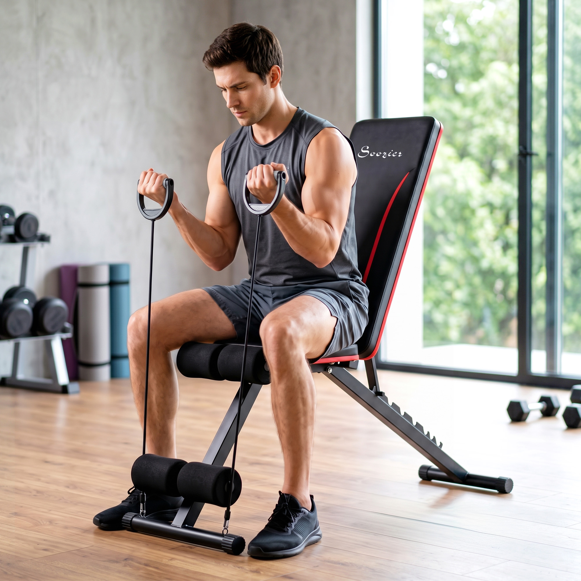 Soozier Adjustable Weight Bench for Home Gym, Foldable Incline Decline Bench Press with Resistance Bands, 7-Position Backrest | Aosom Canada