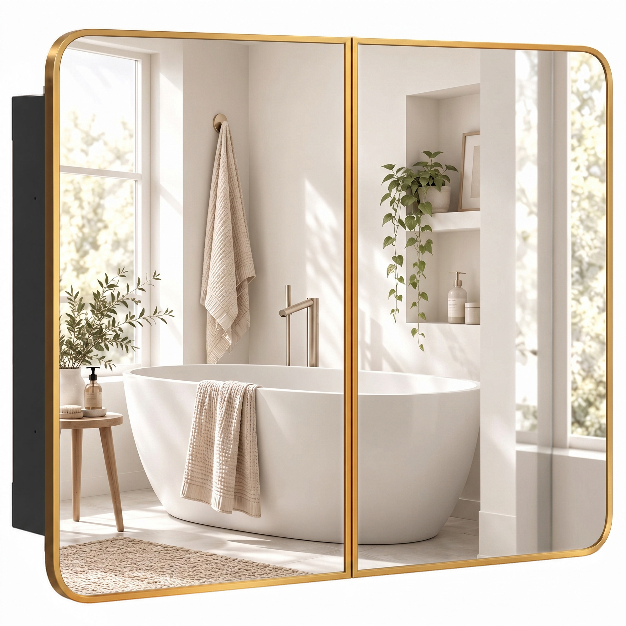 "HOMCOM 30"" x 24"" Medicine Cabinet with Mirror, Bathroom Mirror Cabinet with Adjustable Shelves, Wall-Mounted or Recessed, Gold Tone"