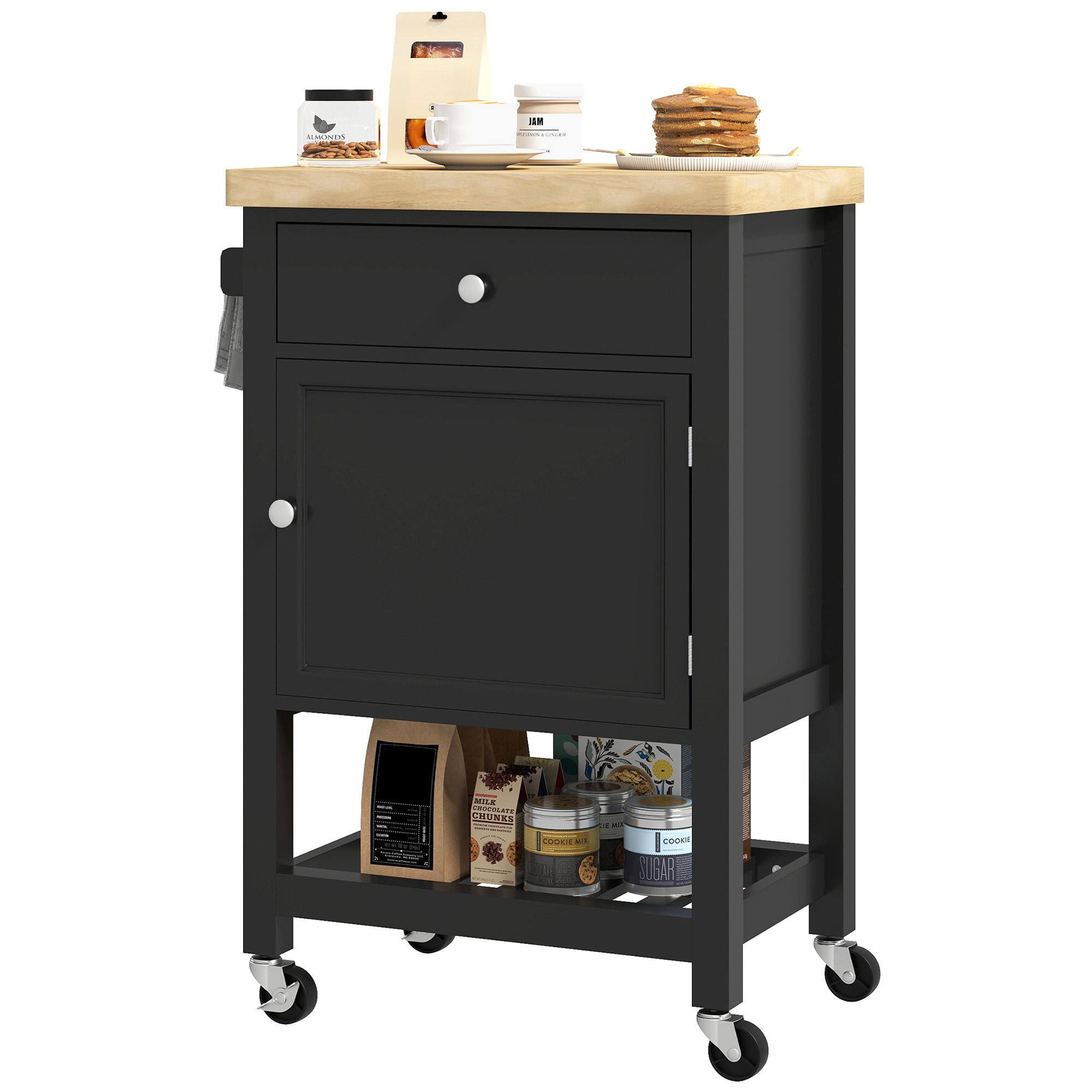 HOMCOM HOMCOM Kitchen Island on Wheels, Rolling Kitchen Cart with Rubberwood Top, Drawer, Wine Rack and Cabinet, Black - $98.99 at Aosom US