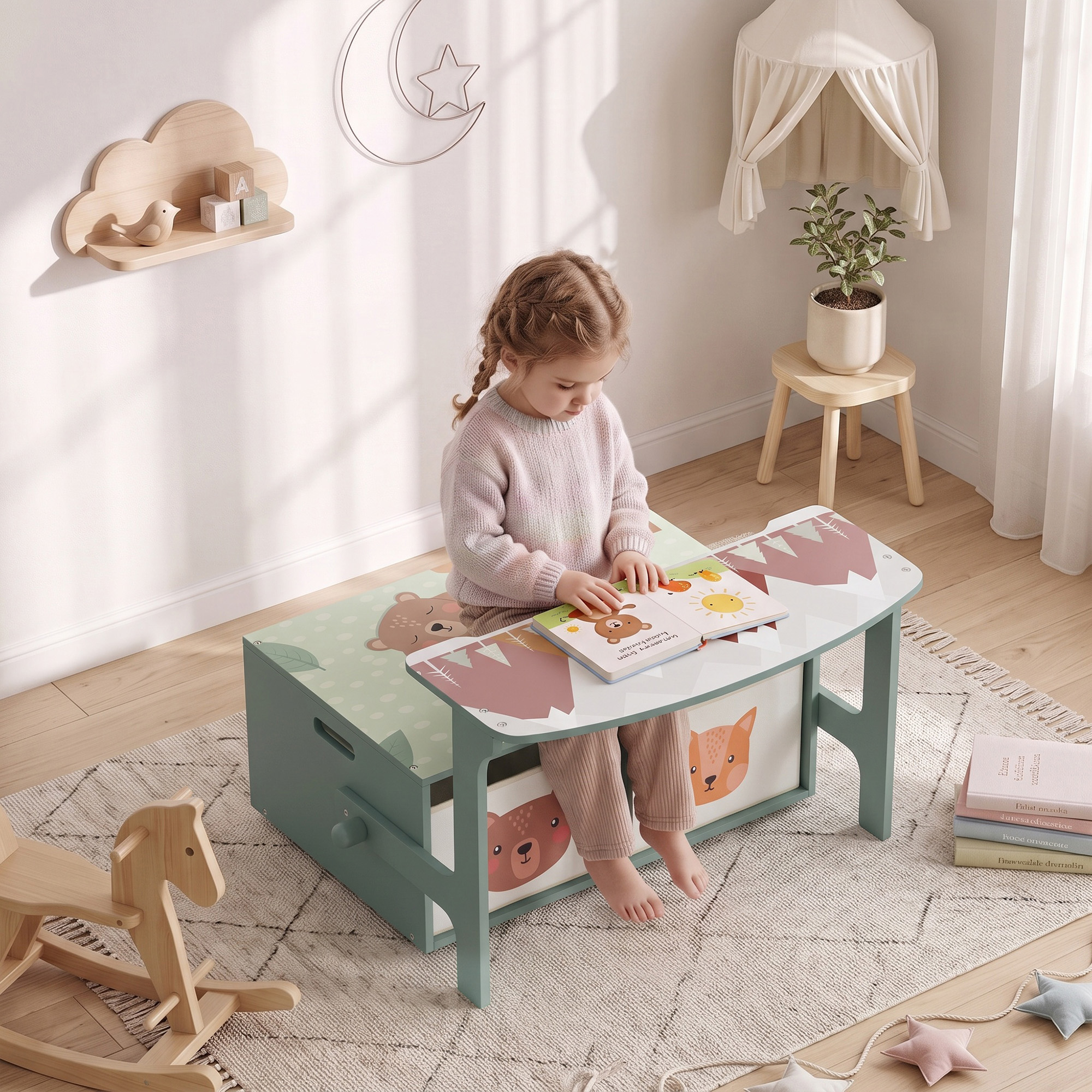 Qaba Kids Toy Box Chest, 3-in-1 Convertible Wooden Toy Storage Bench w/ 2 Non-Woven Drawers, for Bedroom, Playroom, Green Aosom Canada