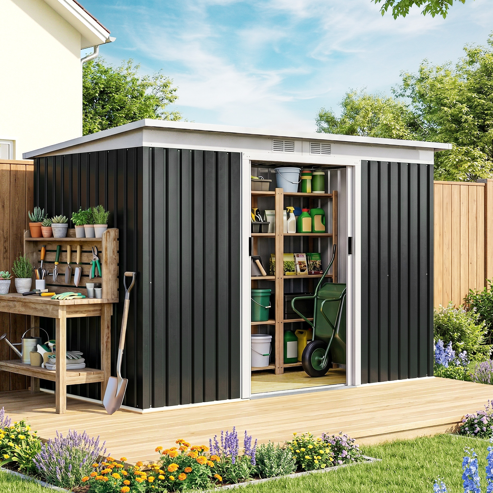 Outsunny 9' x 4' Storage Shed, Galvanized Steel Garden Shed with Foundation Kit, Ventilation & Doors, Dark Grey Aosom Canada