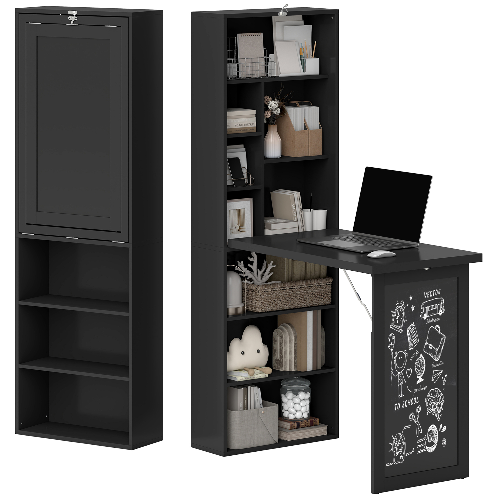 HOMCOM Fold-out Convertible Home Office Desk, Wall Mount Computer Desk with Blackboard and Side Shelf, Black