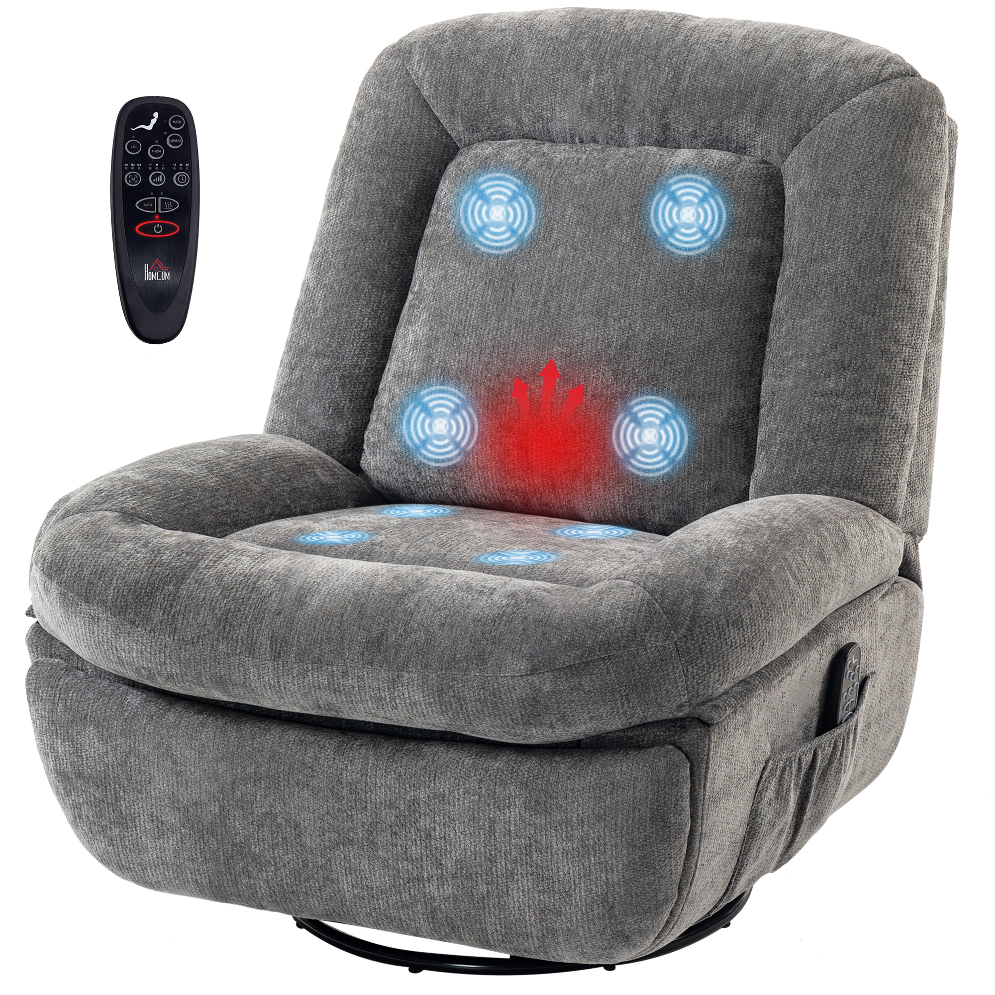 HOMCOM Oversized Power Recliner Chair with Massage and Heat, USB Port, Overstuffed Chenille Swivel Rocker Recliner, Gray