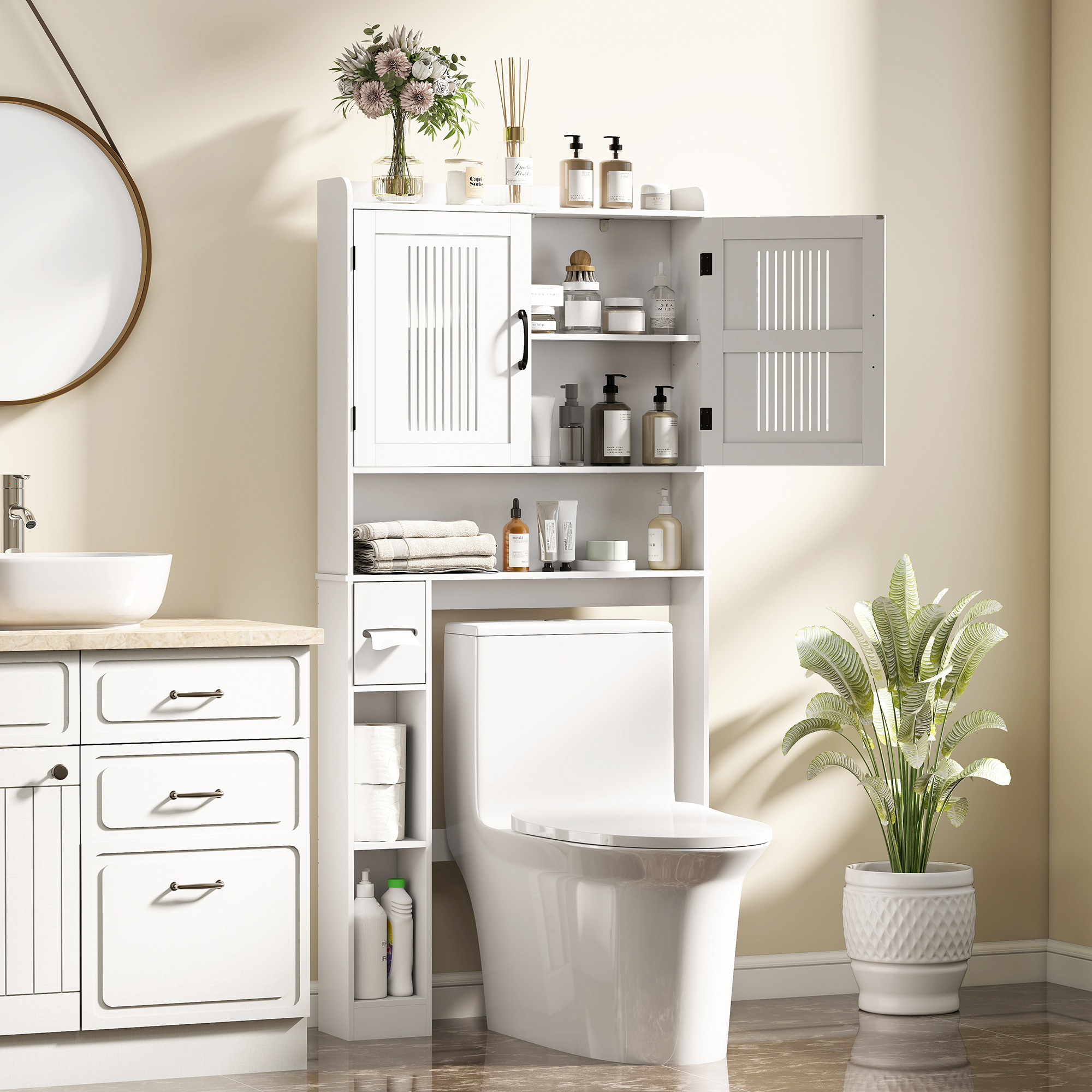 HOMCOM Over the Toilet Storage Cabinet, Bathroom Organizer with Adjustable Shelf, Toilet Paper Holder for Bathroom, Laundry Aosom Canada