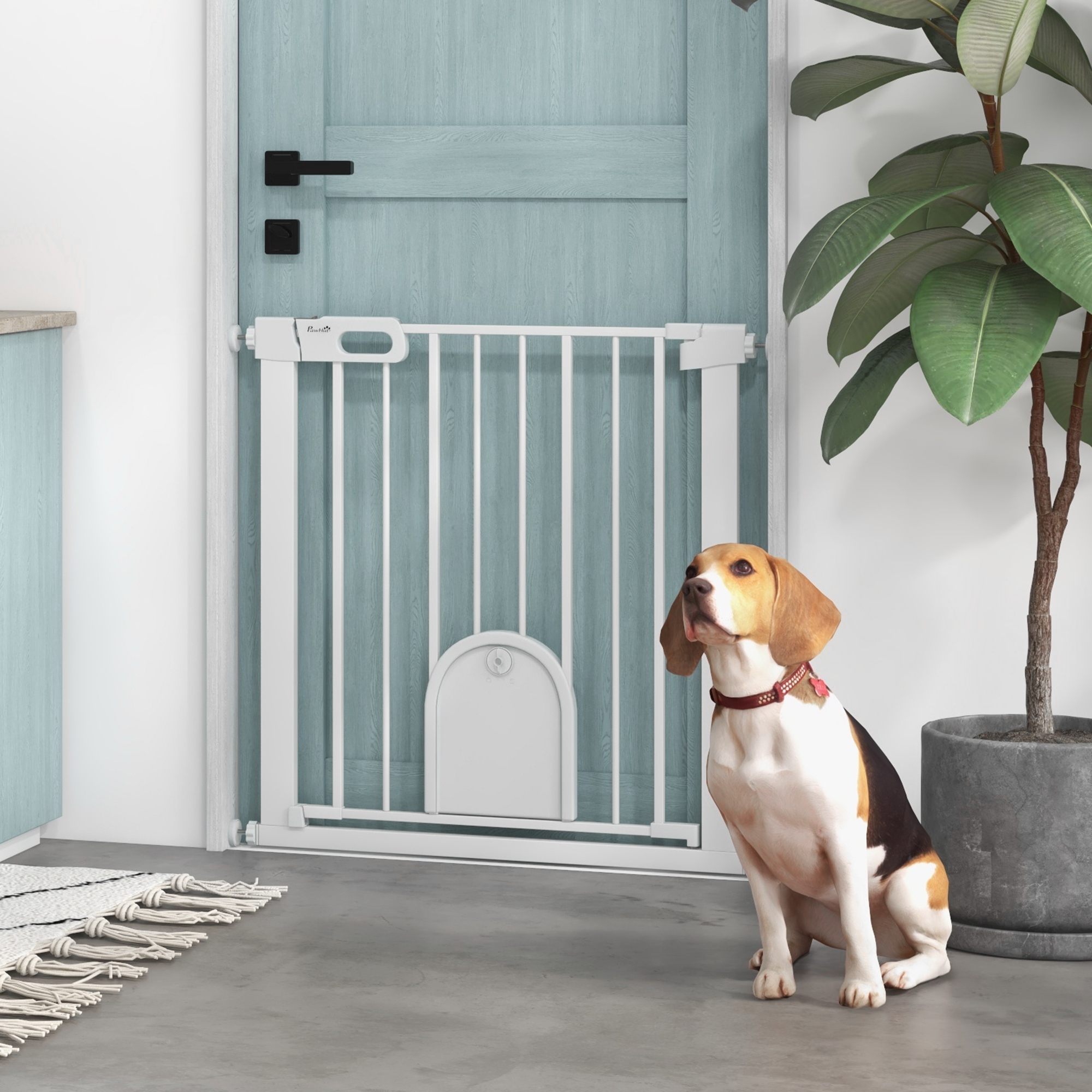 PawHut Extra Wide Pet Barrier: 30"-32" Elegant White Finish Gate with Small Door Access Aosom Canada