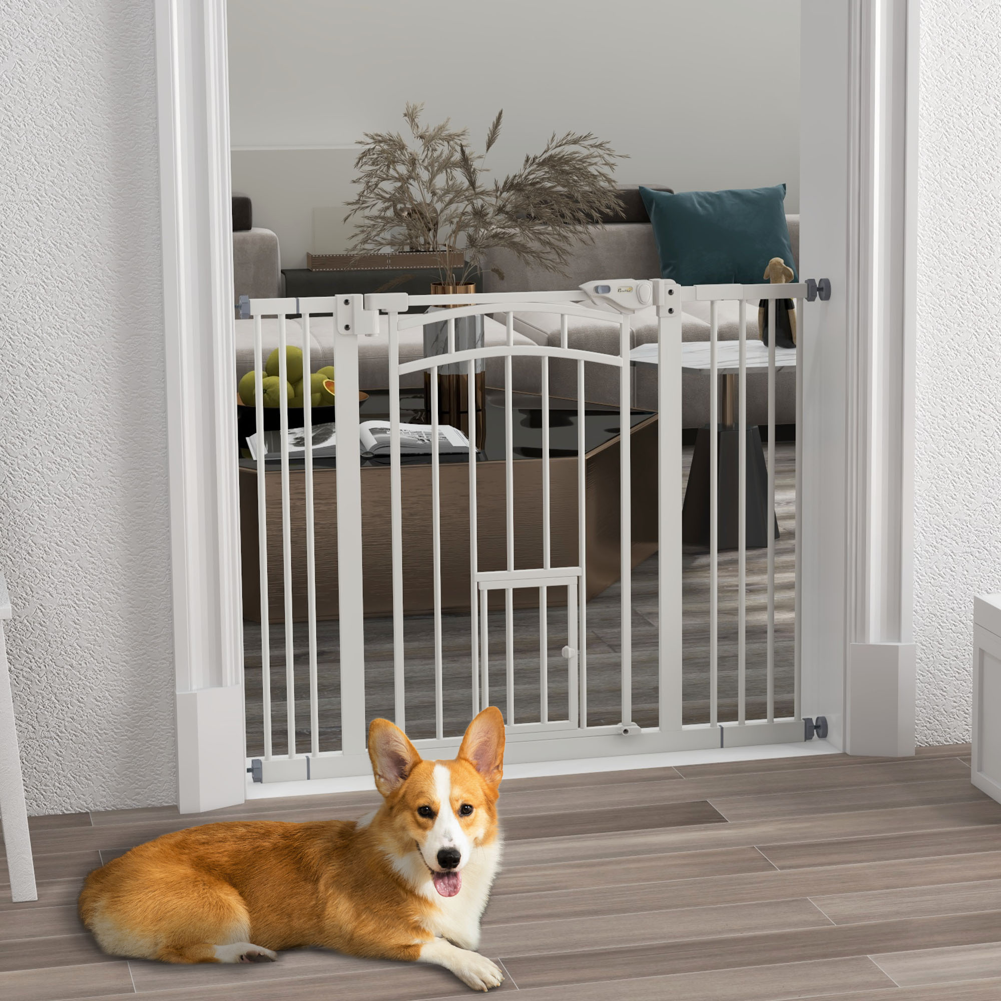 PawHut Adjustable Metal Pet Gate: 29.1"-39.4" White Gate with Cat Door, Auto-Close for Stairs & Doorways Aosom Canada