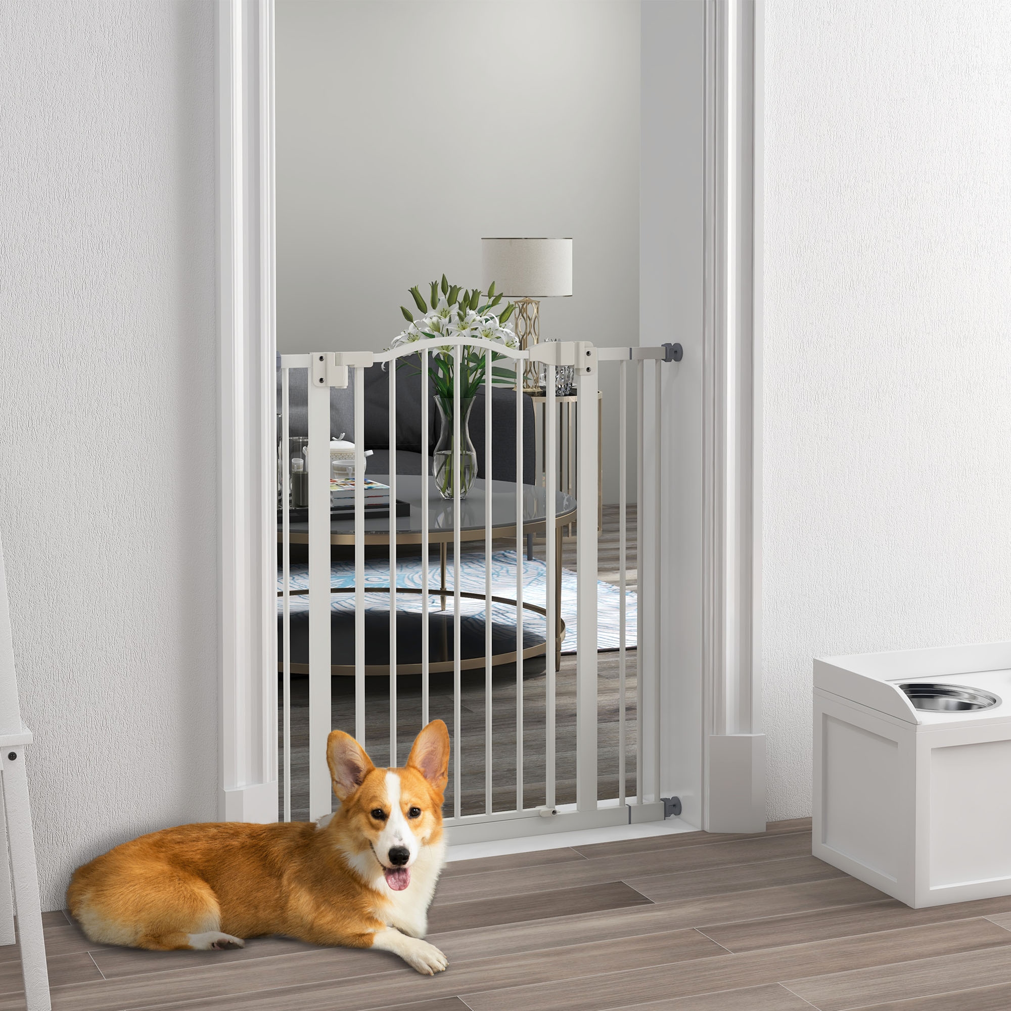 PawHut Extra Tall Dog Gate with Door, Pressure Fit, Auto Close, Double Locking for Doorways Hallways Stairs, 29"-34", White Aosom Canada