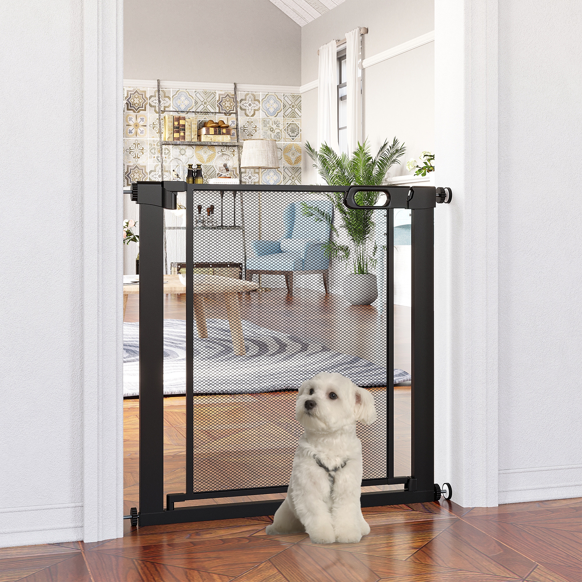 PawHut Metal Pet Gate: 29.5"-32.3" Black Gate with Auto-Close Door & Double Locking for Indoor/Outdoor Use Aosom Canada