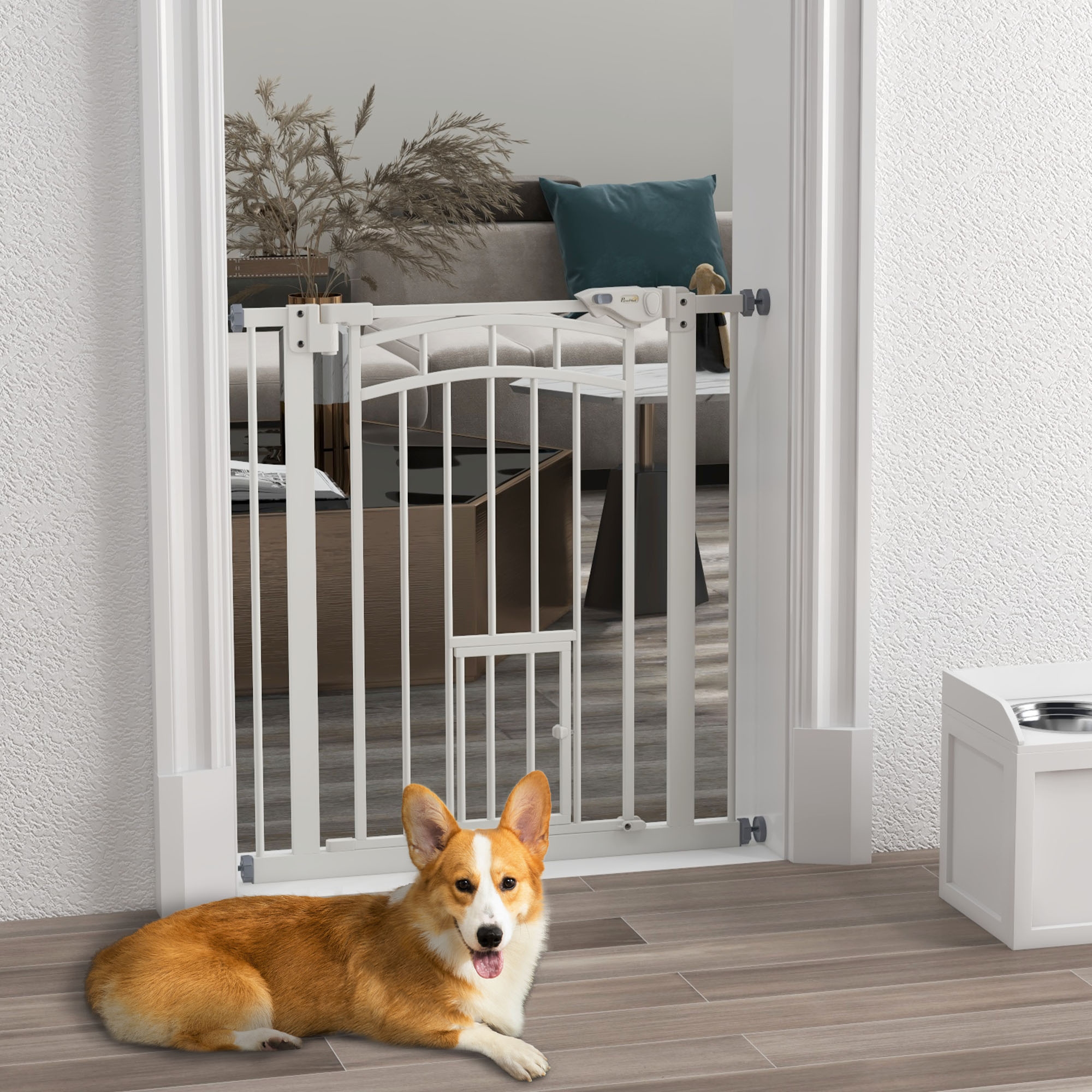 PawHut 29.1"-31.5" Dog Gate, Adjustable Metal Pet Gate with Cat Door, Auto-Close for Stairs & Doorways, White Aosom Canada
