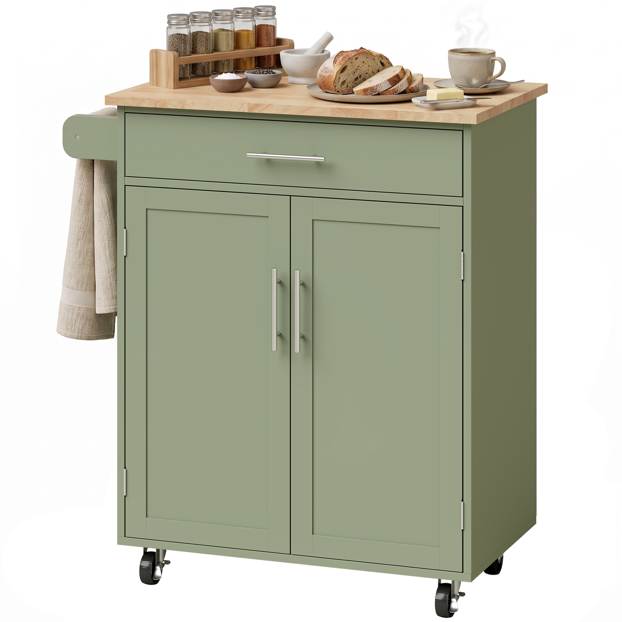 HOMCOM HOMCOM Kitchen Island Cart, Rolling Island Table with Solid Wood Top, Trolley Cart with Drawer, Storage Cabinet, Green - $133.99 at Aosom US