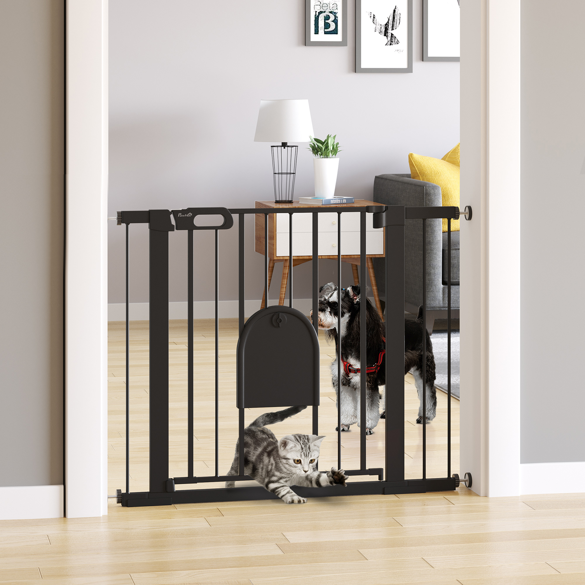 PawHut Freestanding Pet Gate: 30"-41" Black Barrier with Small Door, Auto-Close & Double Locking for Stairs Aosom Canada