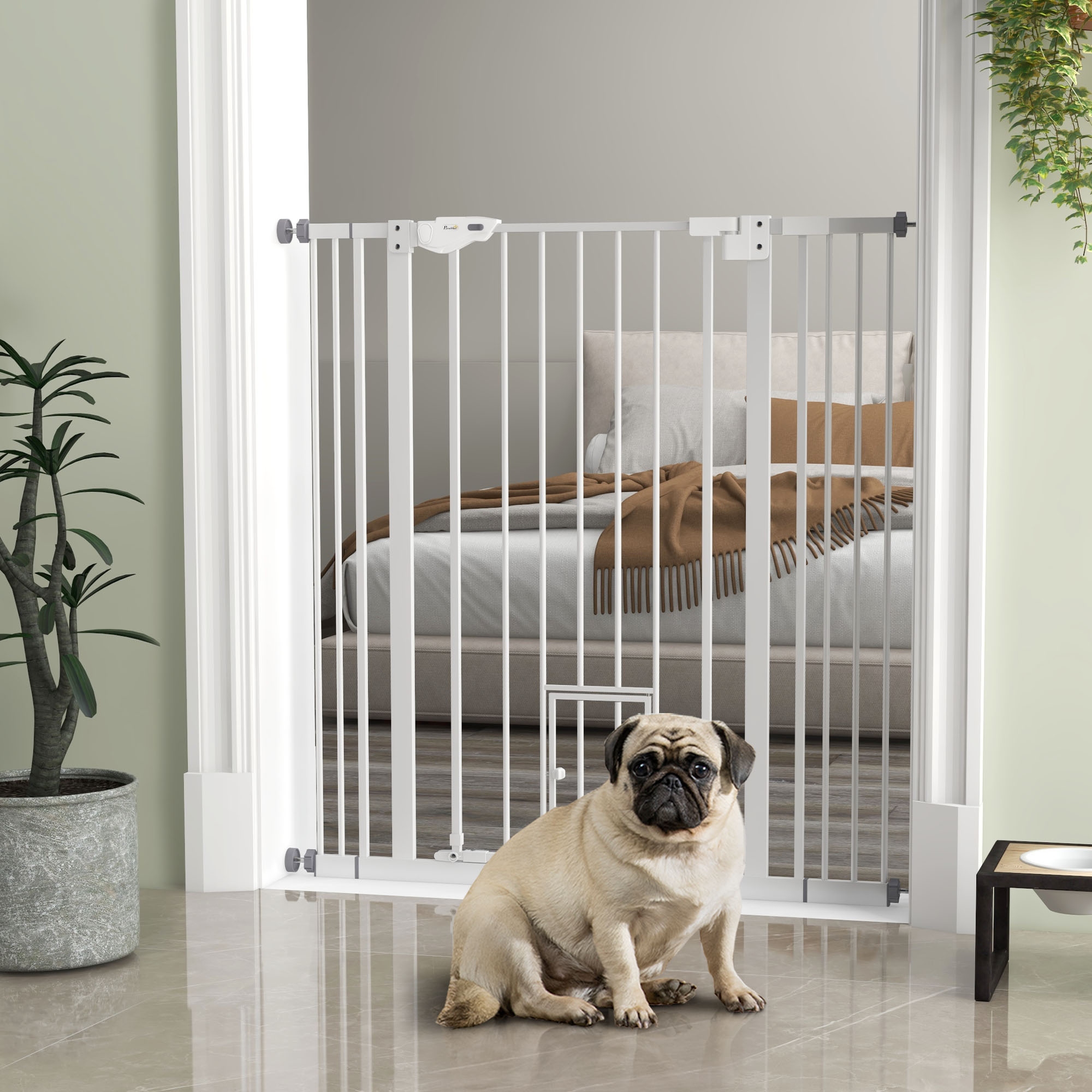 PawHut Steel Dog Gate: 41" White Gate with Cat Door, Double Lock & Auto-Close for Stairs & Doorways Aosom Canada
