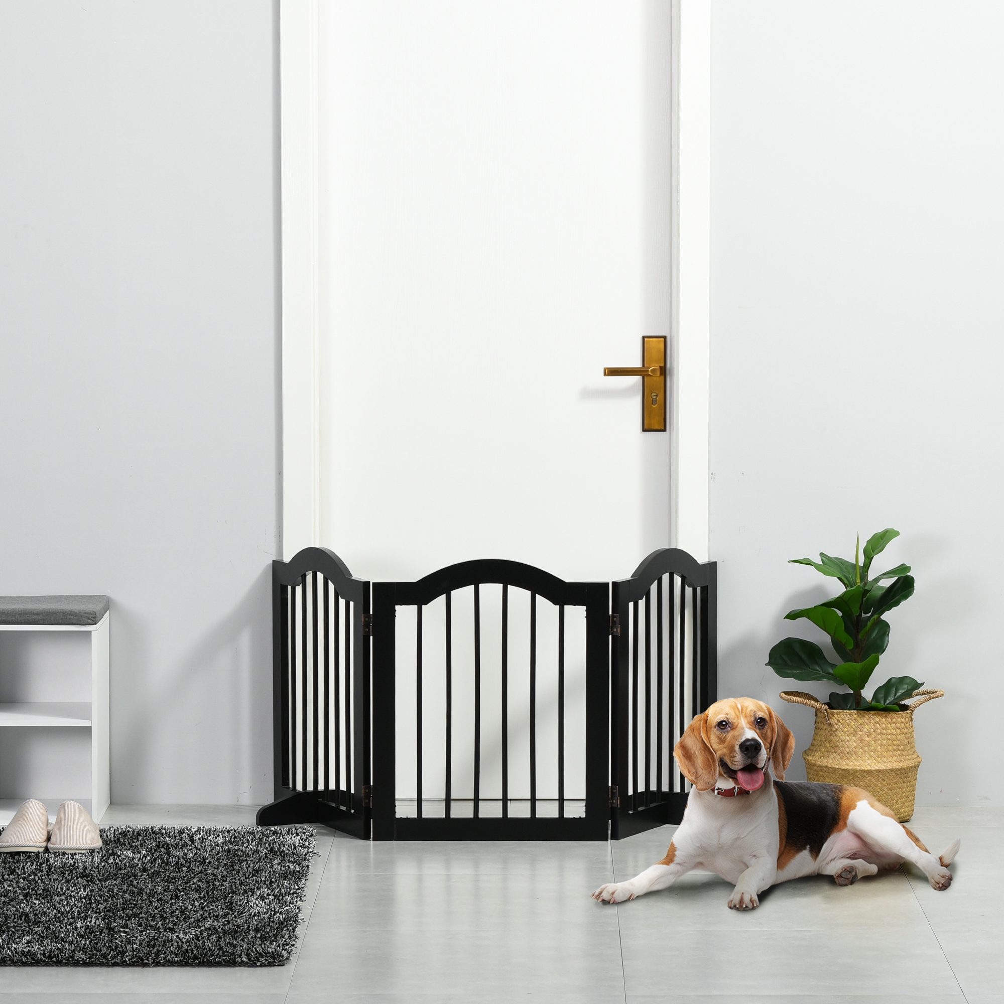 PawHut Foldable Wooden Pet Gate: 24" Tall 3 Panel Black Barrier with Support Feet for Indoor Dog Safety Aosom Canada