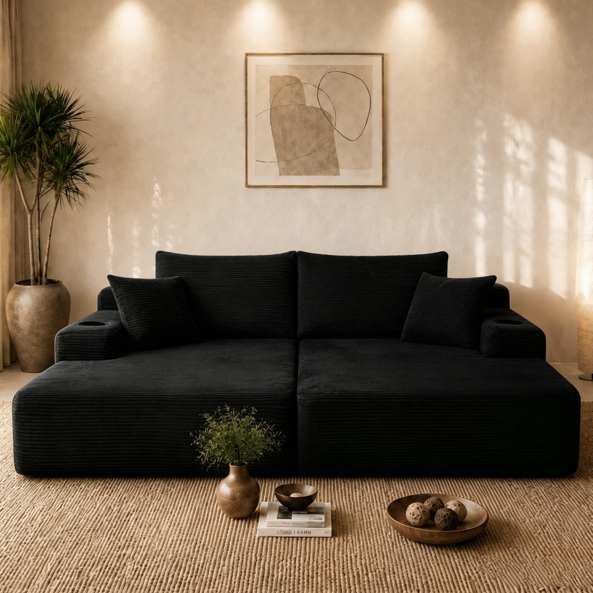 Lasting Corduroy Sectional Sofa with Double Chaise and Deep Seat, Trim Couch for Modern Living Room and Bedroom, 69'' L x 61" W x 30" H, Black