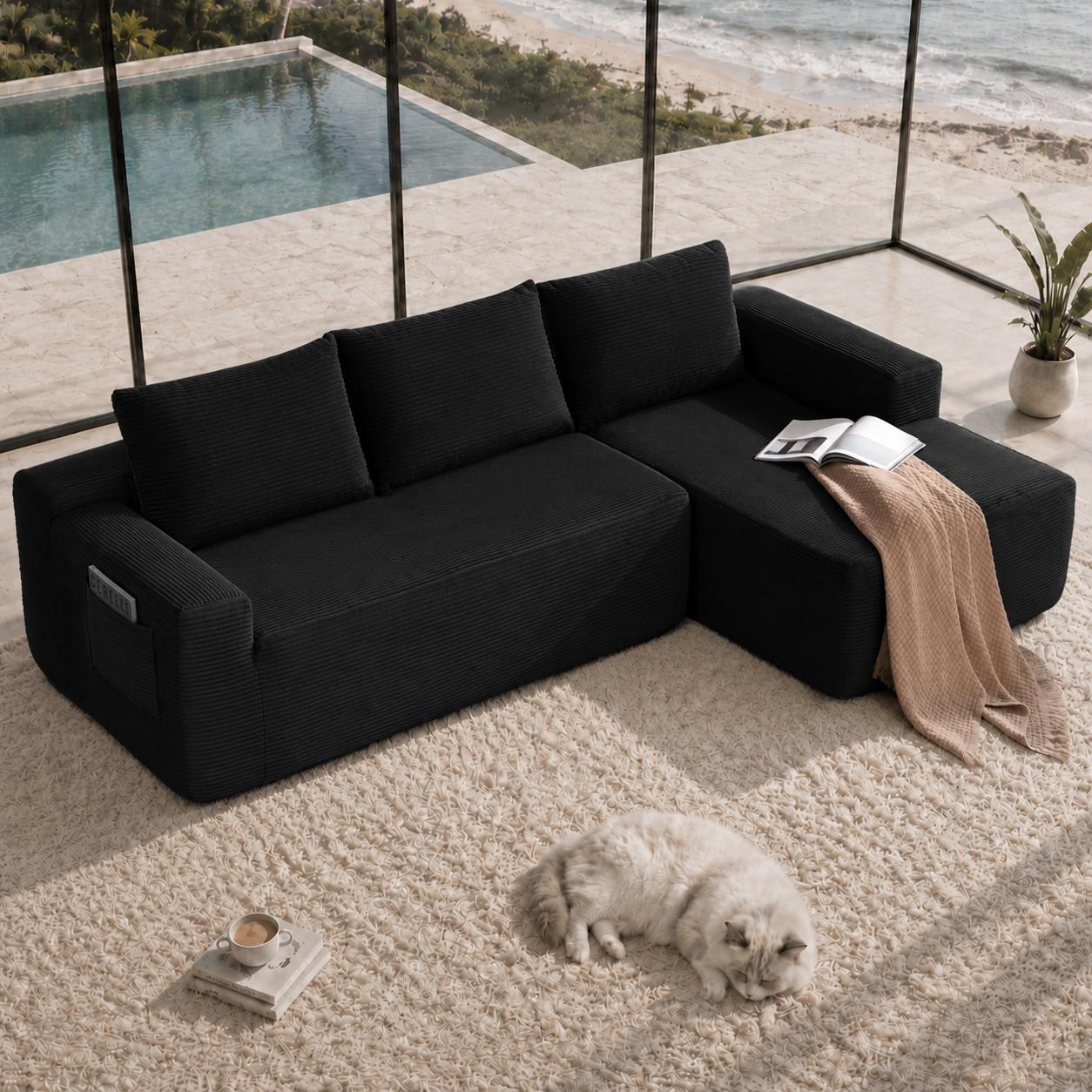 YF Furniture "Tactile Corduroy Sofa with L-Shaped Chaise and Side Pockets, Rich Couch for Living Room Bedroom, 104'' L x 67"" W x 32.5"" H, Black Right | Aosom.com" - $377.99 at Aosom US