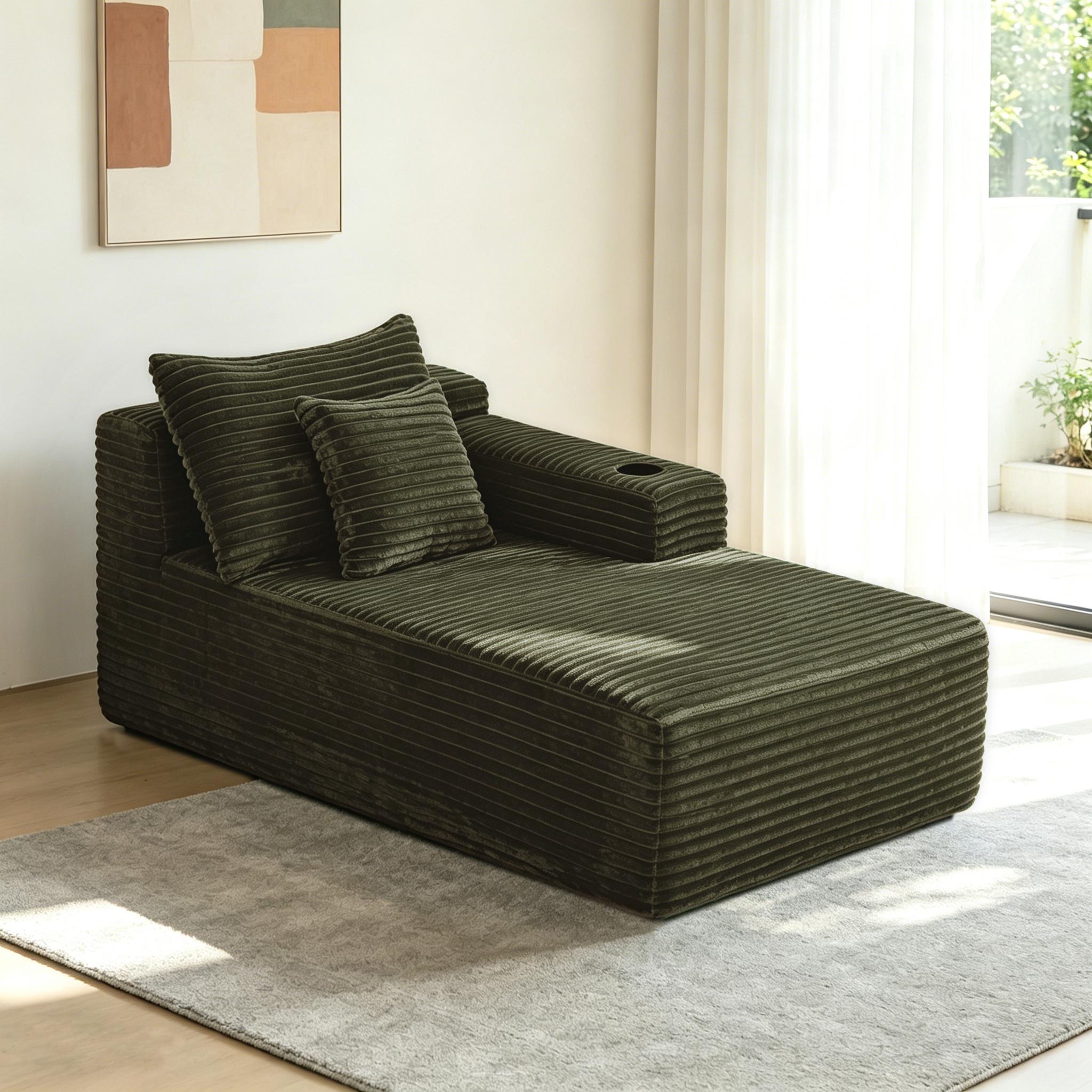 YF Furniture "Silken Fabric Chaise Lounge with Cup Holder and Deep Seat, Clever Couch for Living Room and Bedroom, 66'' L x 39"" W x 33"" H, Green Right | Aosom.com" - $233.99 at Aosom US