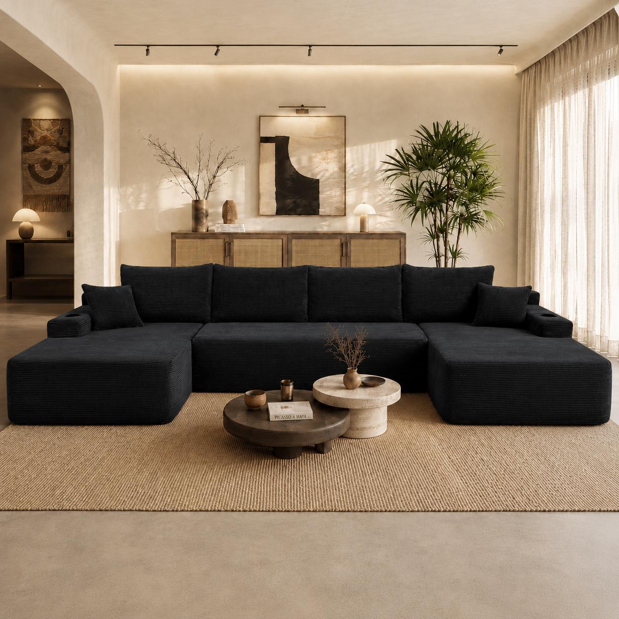 "Ample Corduroy Sofa with U-Shaped Double Chaise and Pockets, Inviting Couch for Living Room and Bedroom, 126'' L x 66"" W x 26"" H, Black | Aosom.com"