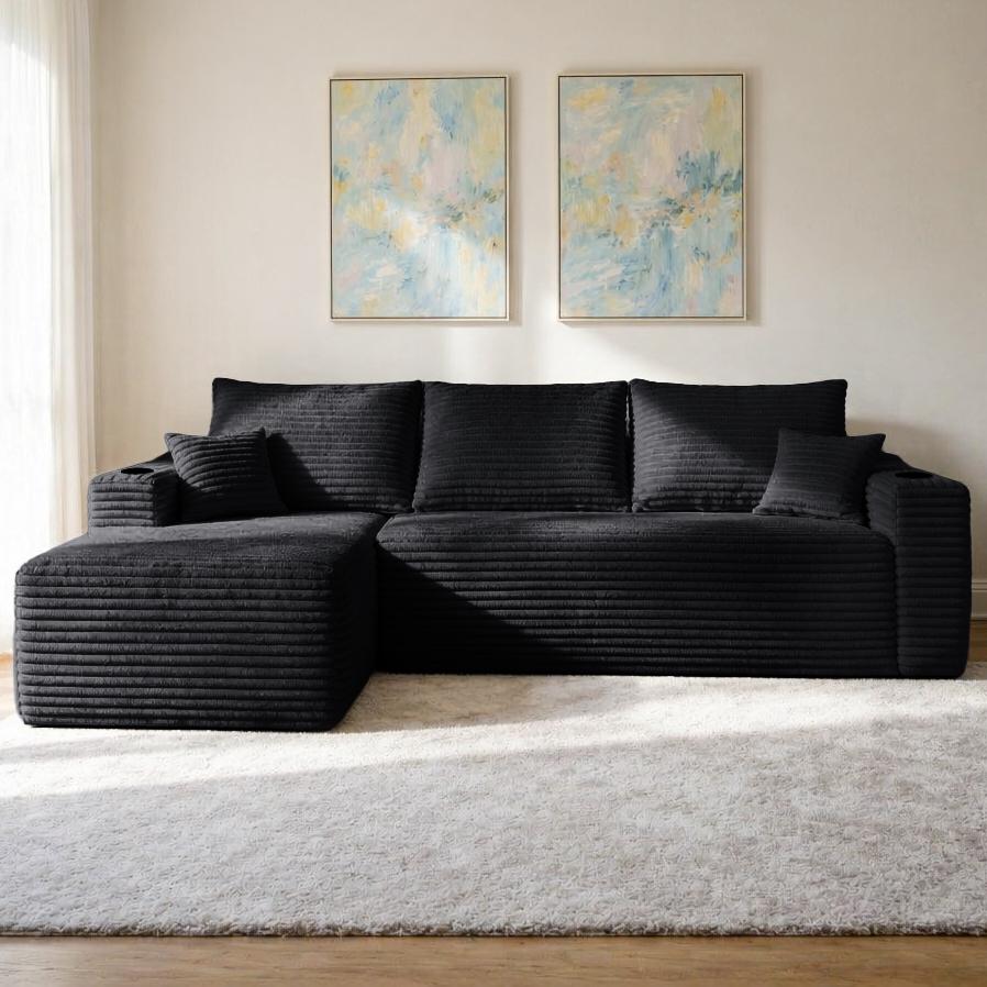 YF Furniture "Tranquil Fabric Sofa with L-Shaped Chaise and Side Pockets, Crisp Couch for Living Room and Bedroom, 108'' L x 63"" W x 23"" H, Black Left | Aosom.com" - $404.99 at Aosom US
